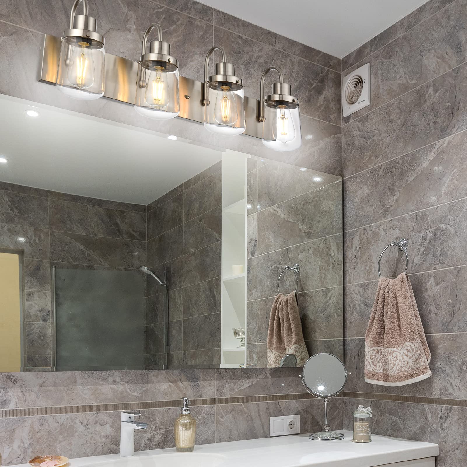 Yaohong 4-Light Modern Bathroom Vanity Light, Satin Nickel Farmhouse Fixture With Glass Shades