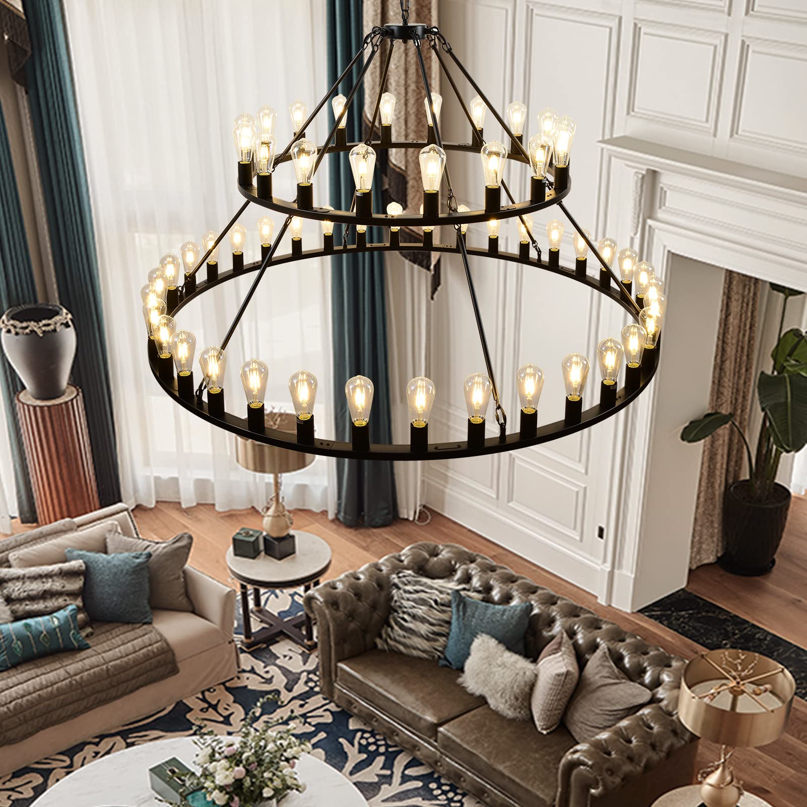 WOGON WEEL Wagon Wheel Chandelier, 2 Tier 54-Light, 60-inch Black Rustic Pendant Light for High Ceilings, Model chelun004