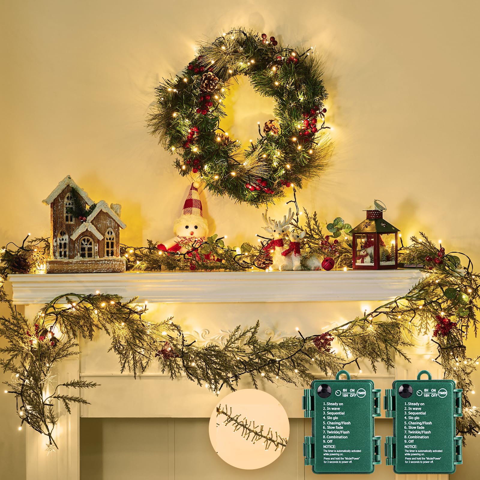 Minetom Cluster Lights Christmas Battery Operated Outdoor, 2 Pack 10Ft 120 LED Battery Christmas Tree Lights Firecracker String 