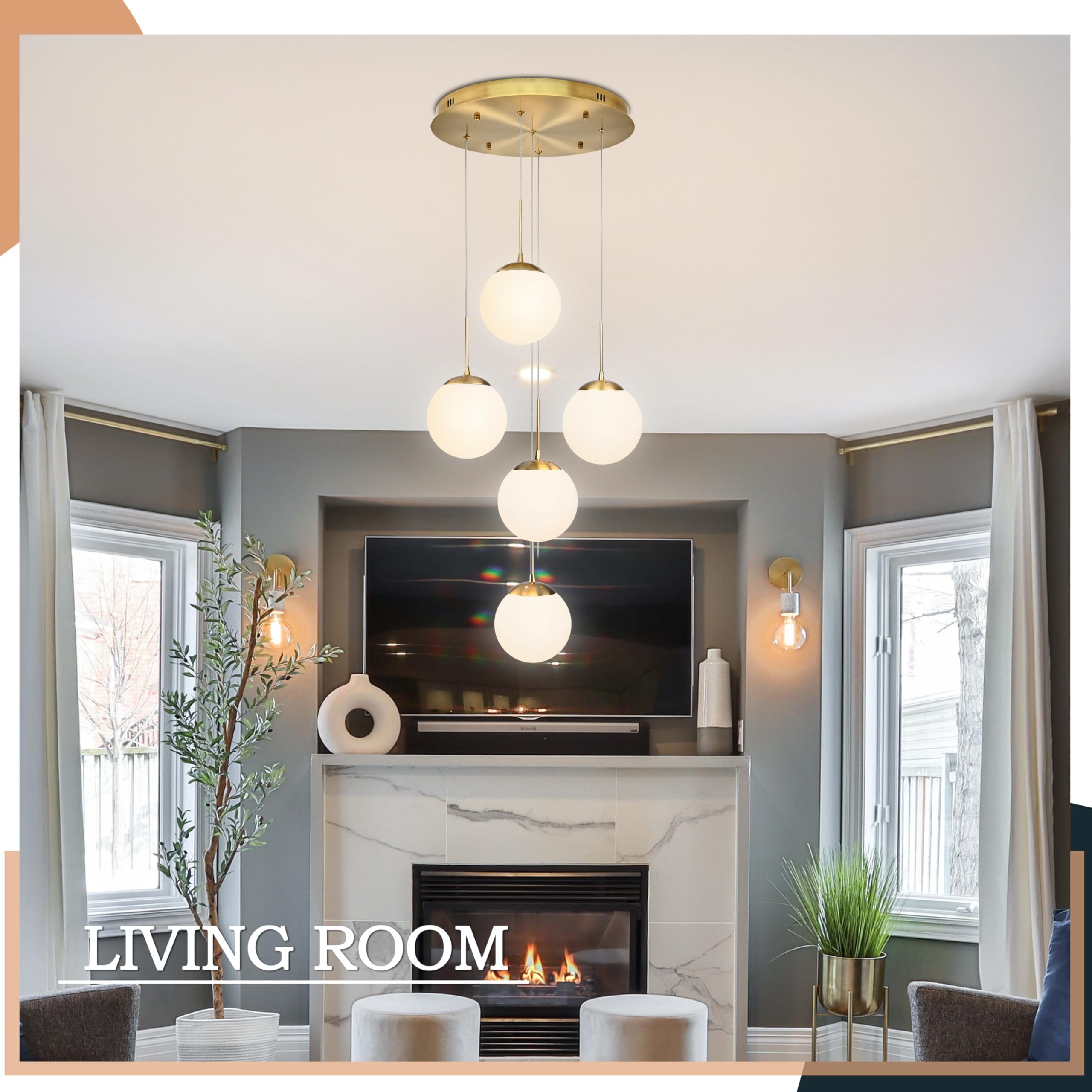 Koko&Yukina 5-Light Globe Glass Pendant Light Adjustable Length Pendant Lights Fixtures Modern Gold Chandelier With Milky White