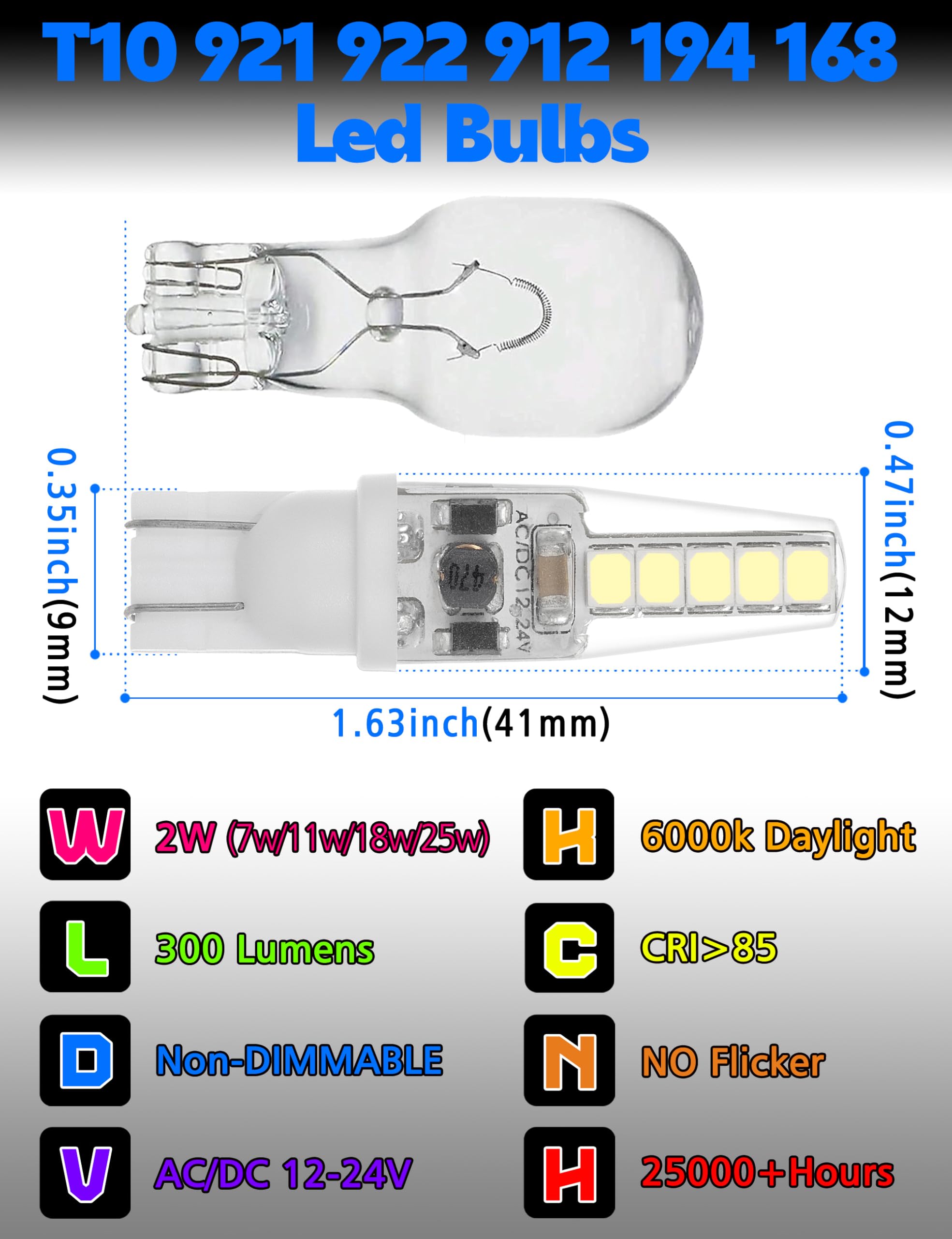 Xyanmc T10 921 922 912 194 168 Led Bulbs Bright White 6000K, 12-24V 300Lm For Rv Camper Trailer Boat Trunk Interior Dome Map Lic