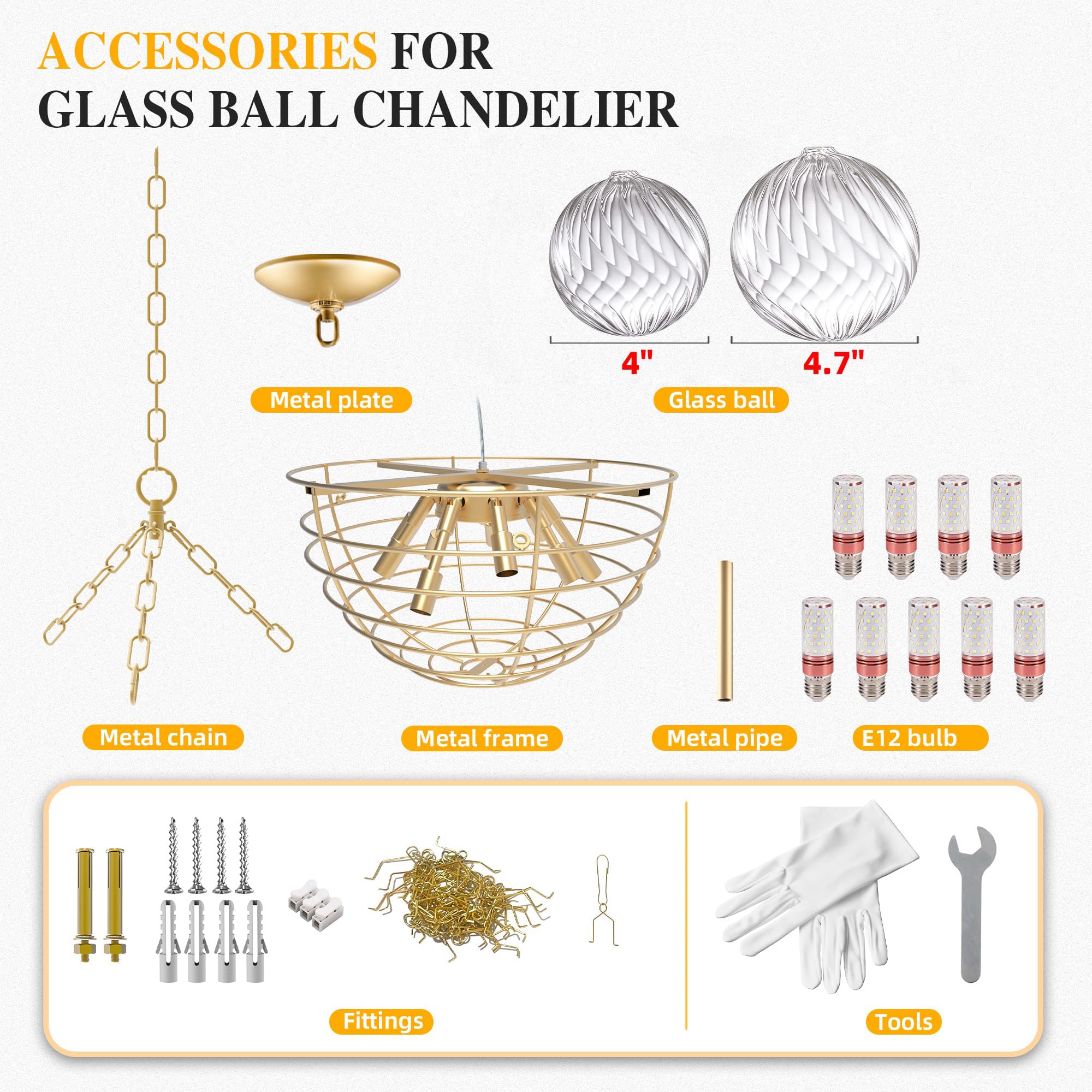 Longree Nordic Bubble Ball Swirled Glass Chandelier, Diam 31'' Gild Gold And Clear Modern Hand Blown Glass Pendant Light Fixture