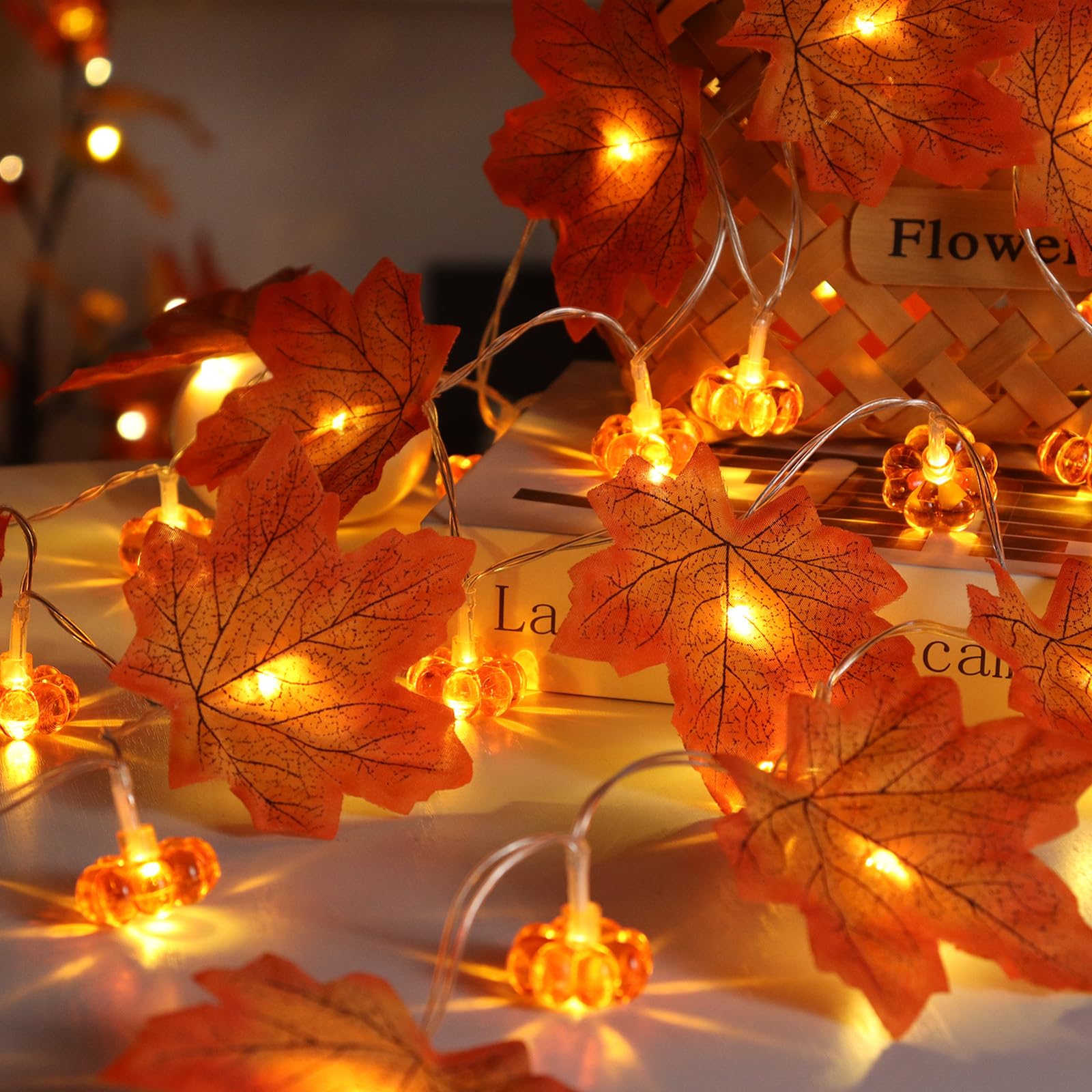 Fall Decorations for Home - Maple Leaf Pumpkin Lights - 10 Ft 20 LED Battery Operated 3D Pumpkin Fall Leaves Garland String Ligh