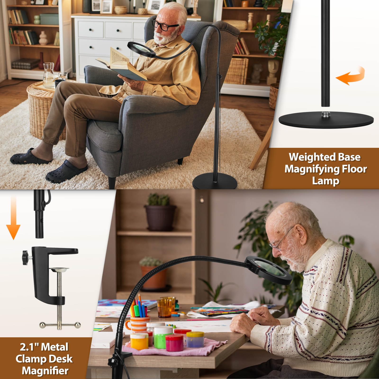 8X Magnifying Glass With Light And Stand, Krstlv 24'' Flexible Gooseneck Magnifying Floor Lamp, 3-In-1 Led 5 Color Modes Steples