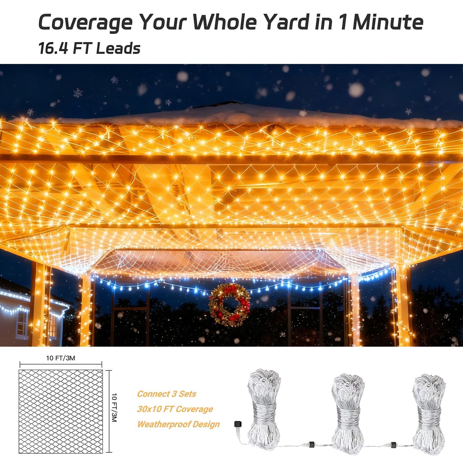 Veeydrut Net Lights Outdoor 10x10 FT, 270 LED Warm White, 8 Modes Connectable Mesh Lights for Trees, Garden, Model Lw-KCL-Net