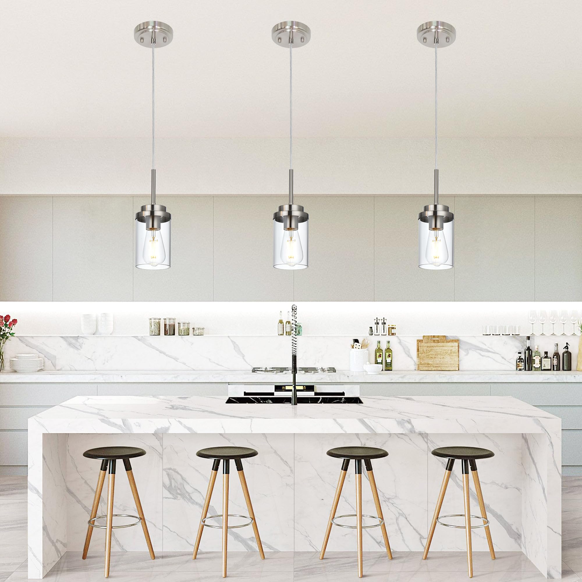 MELUCEE 3 Pack Brushed Nickel Pendant Lights, Adjustable Clear Glass Shade, Modern Ceiling Lamp for Kitchen Island, Model 4-4501-3P-3SN