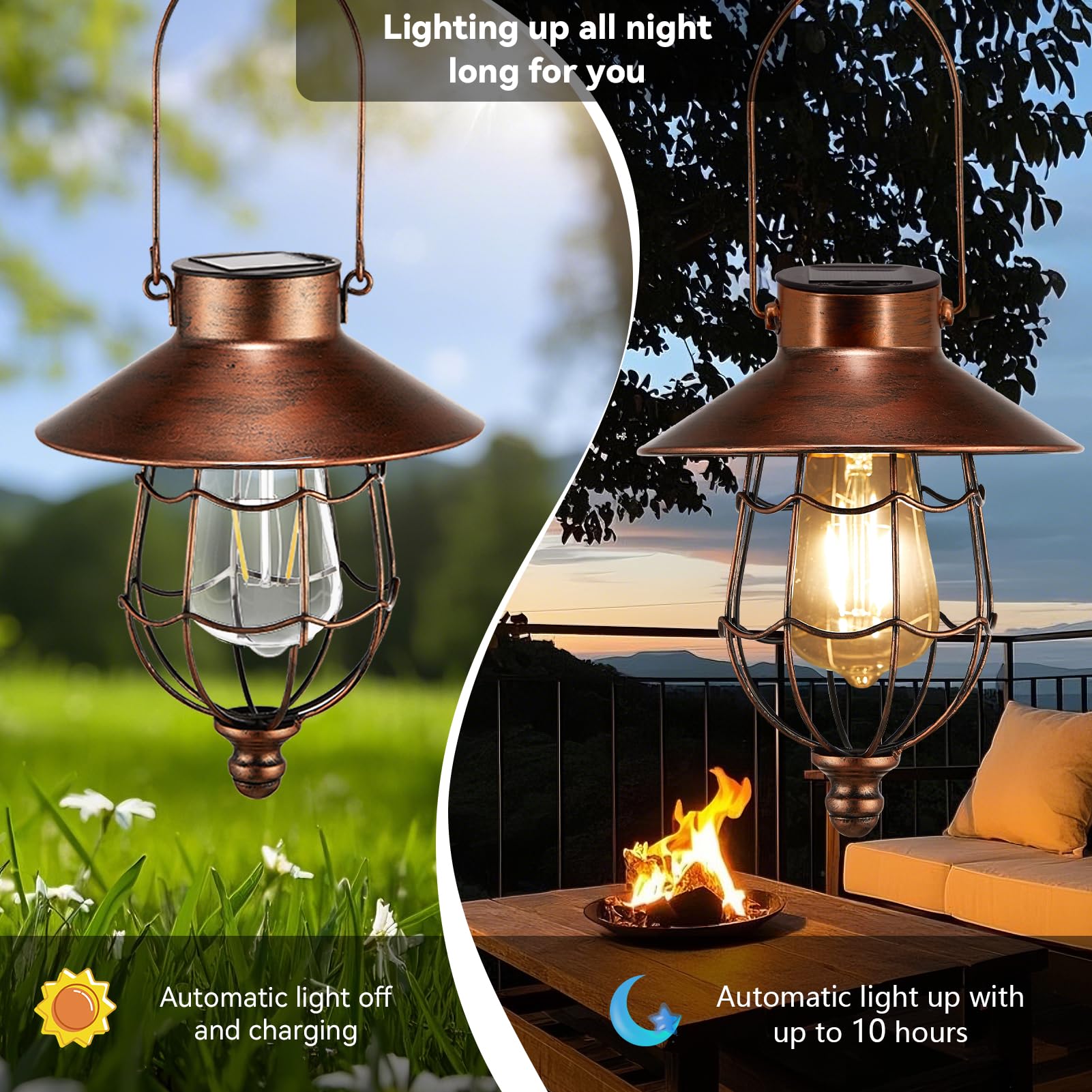 Pearlstar Solar Lantern - Outdoor Hanging Vintage Metal Light, Warm White Edison Bulb, Waterproof, Copper, Model 176