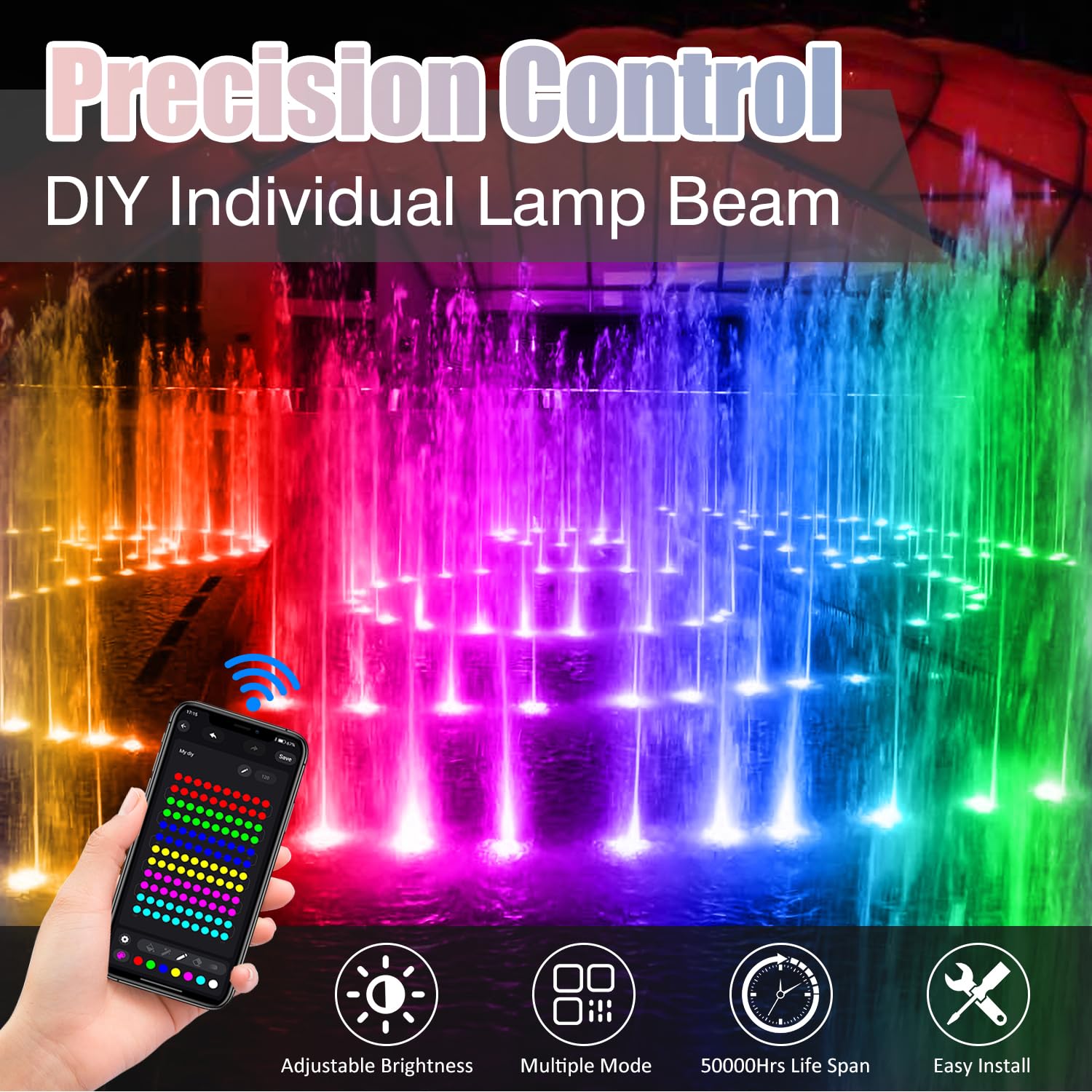 T-SUN LED Underwater Pond Lights, IP68 Waterproof, Bluetooth Control, Set of 3, Multicolor, Model TS-F2220-3H-RGB-DZ-BT-US