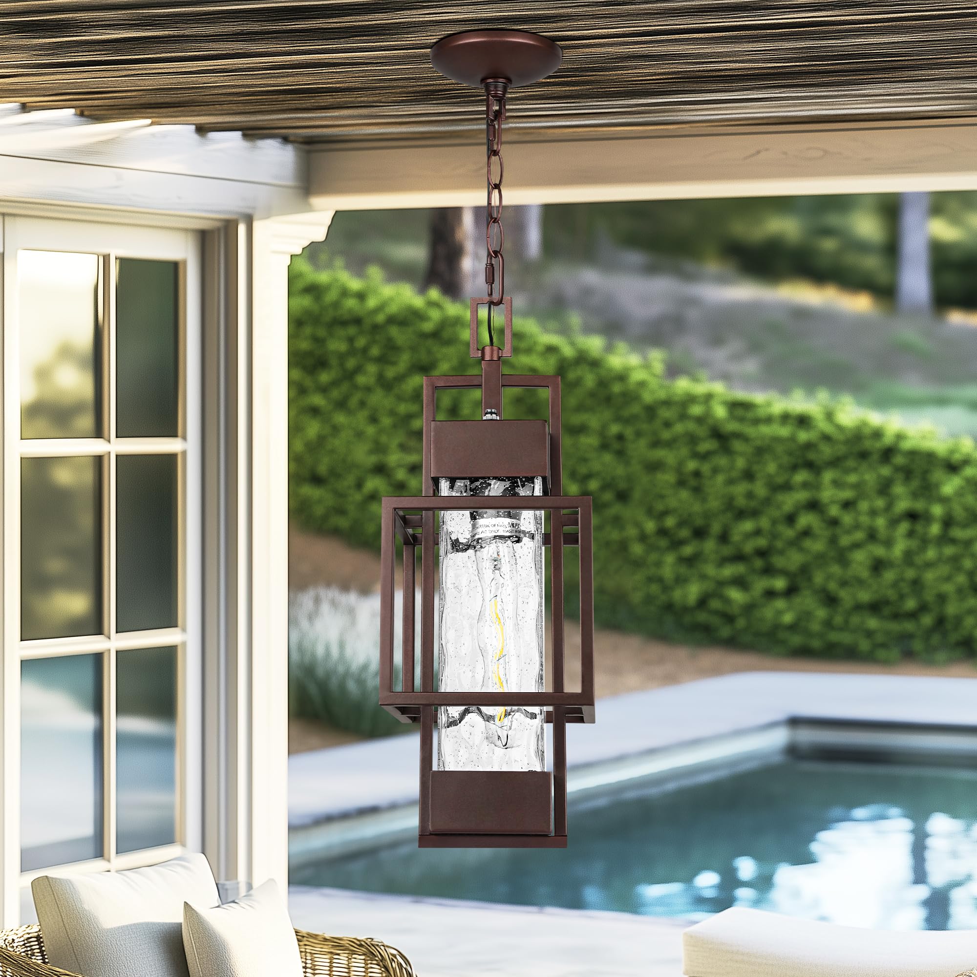 PARTPHONER Outdoor Pendant Light, 15in Modern Metal Chandelier, Water Glass, Bronze, Model PACL084BZ1