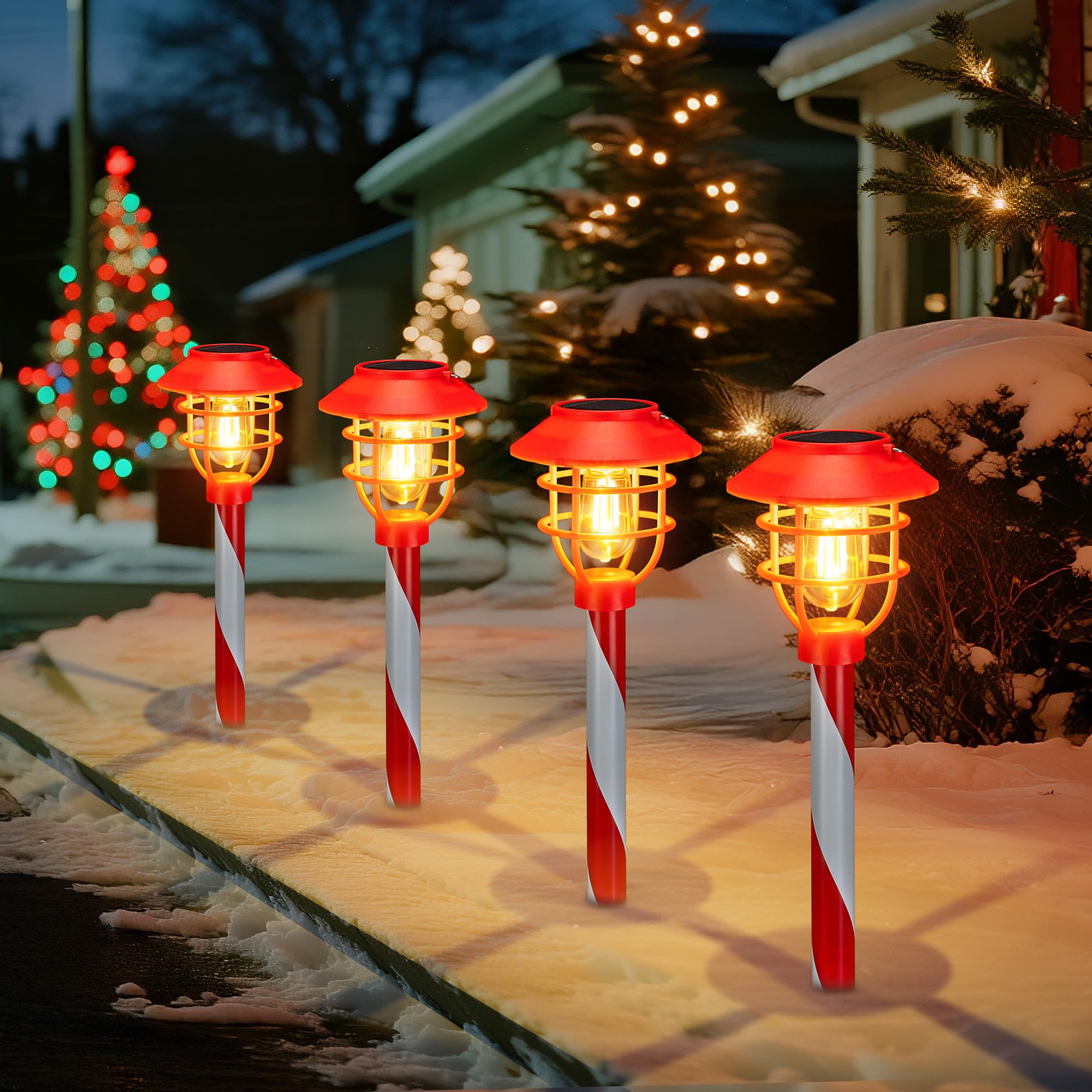 pearlstar Solar Pathway Lights 4 Pack, Waterproof Candy Cane Decor, Red, Model HPL010-LX