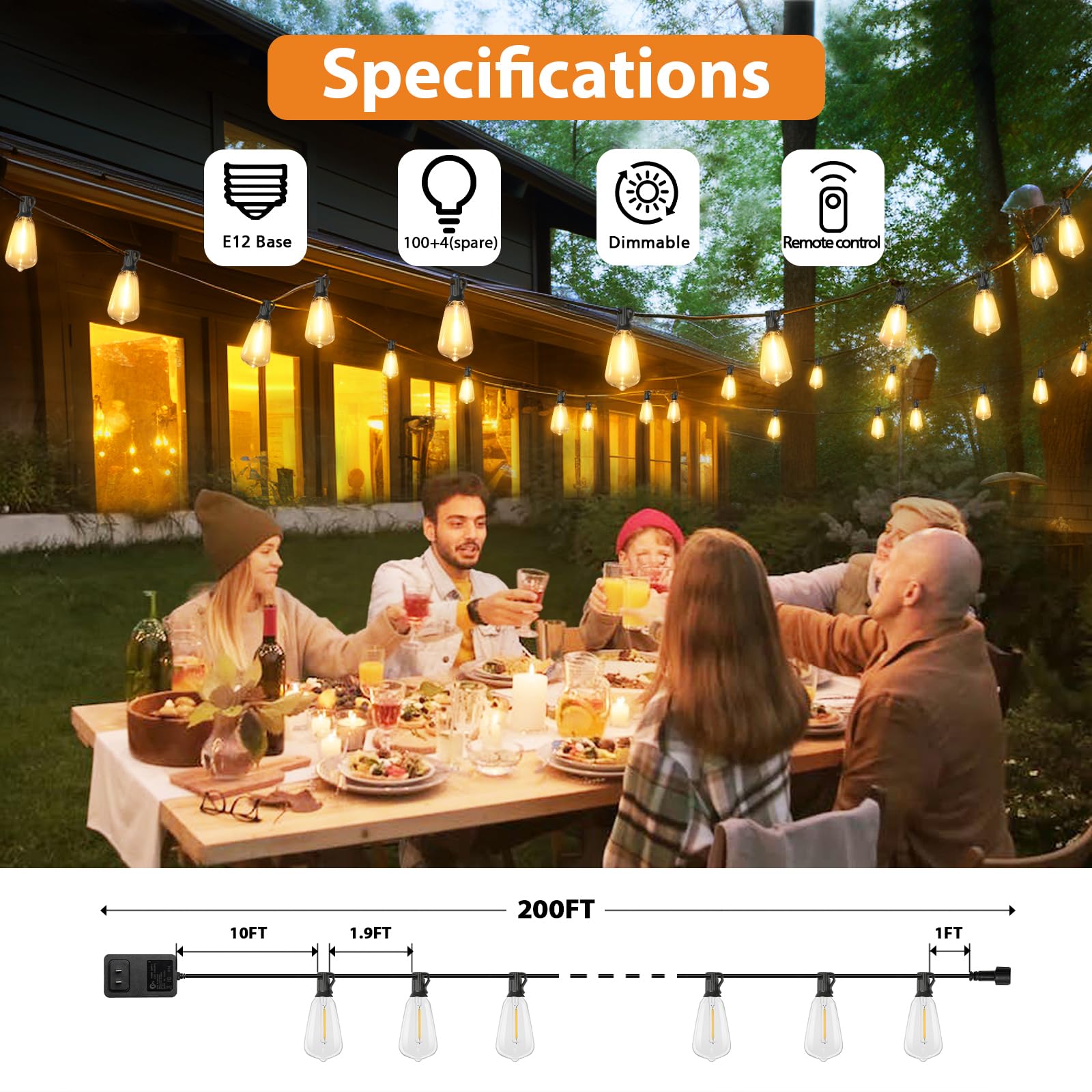 Brightever Outdoor String Lights, 200FT, 2700K/4000K/5000K, Black Wire, 100+4 ST38 Edison Bulbs, Waterproof, Model