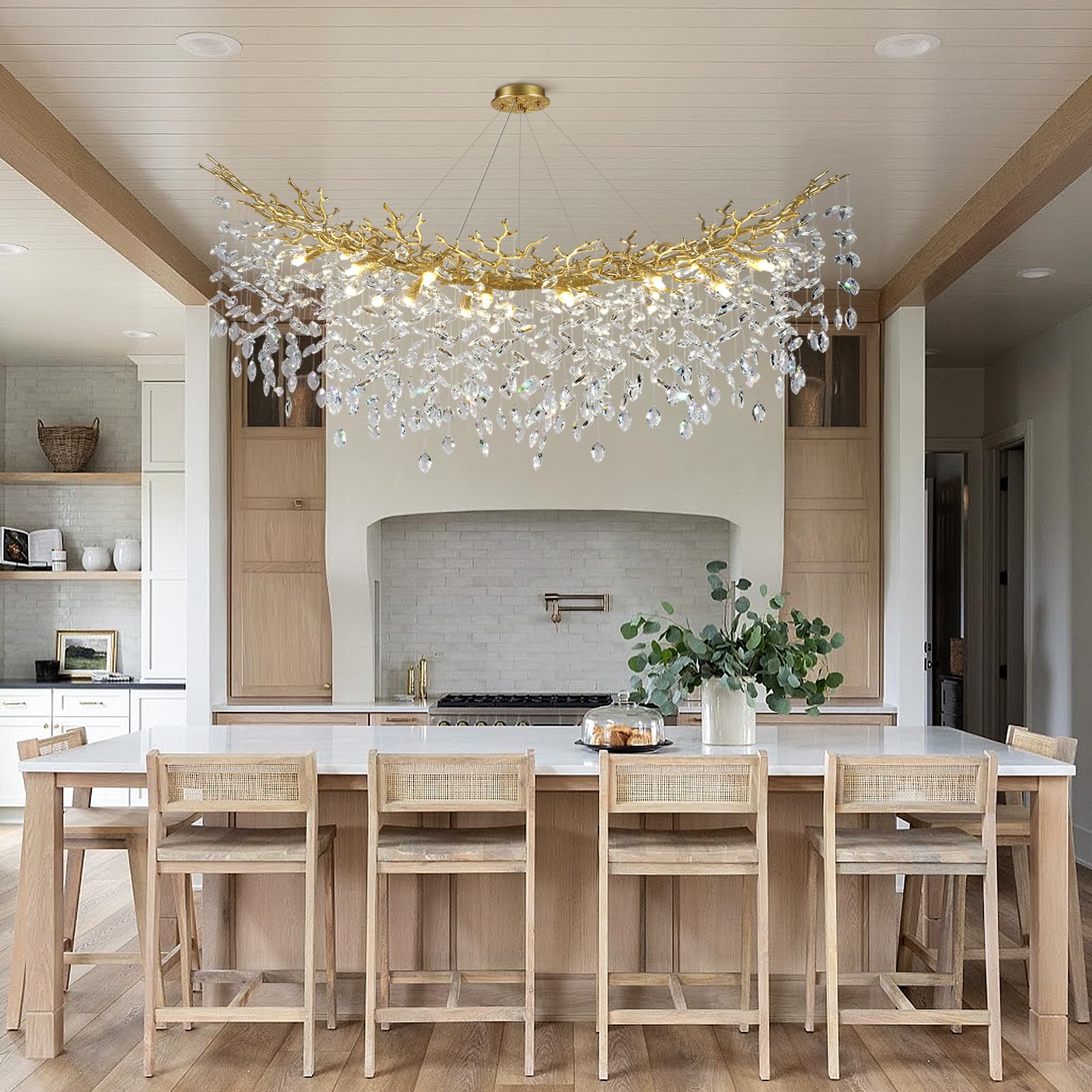 kvtinmty Modern Crystal Gold Chandelier, 55" Rectangular 16-Light Flush Mount for Dining Room, Kitchen Island, Model: crystal chandeliers 06