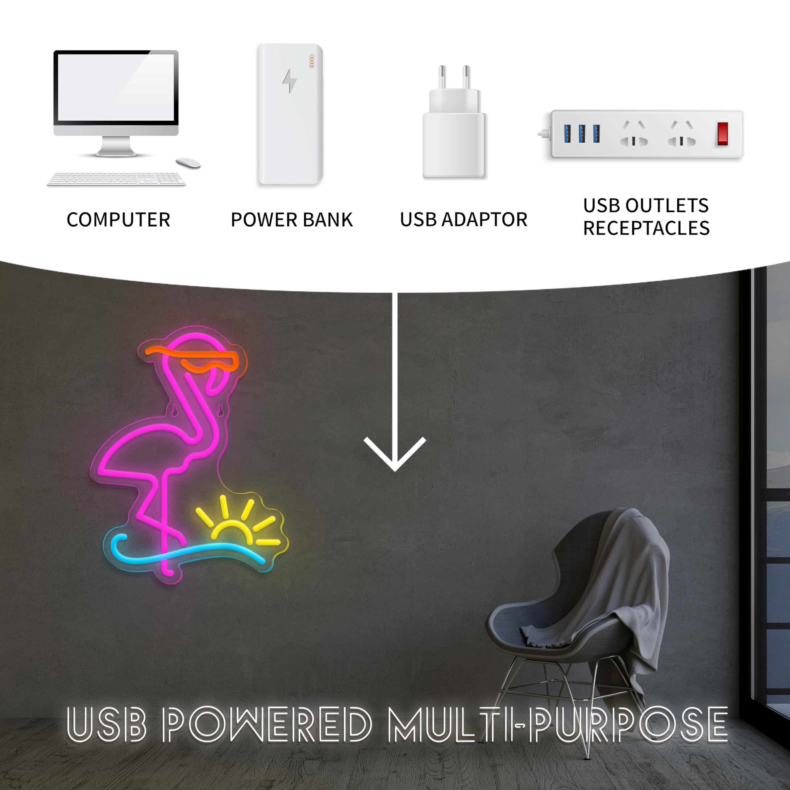 Flamingo Neon Sign Dimmable Flamingo Led Neon Lights Sun Wave Neon Signs for Bedroom Living Room Restaurant Man Cave Bar Club Pa