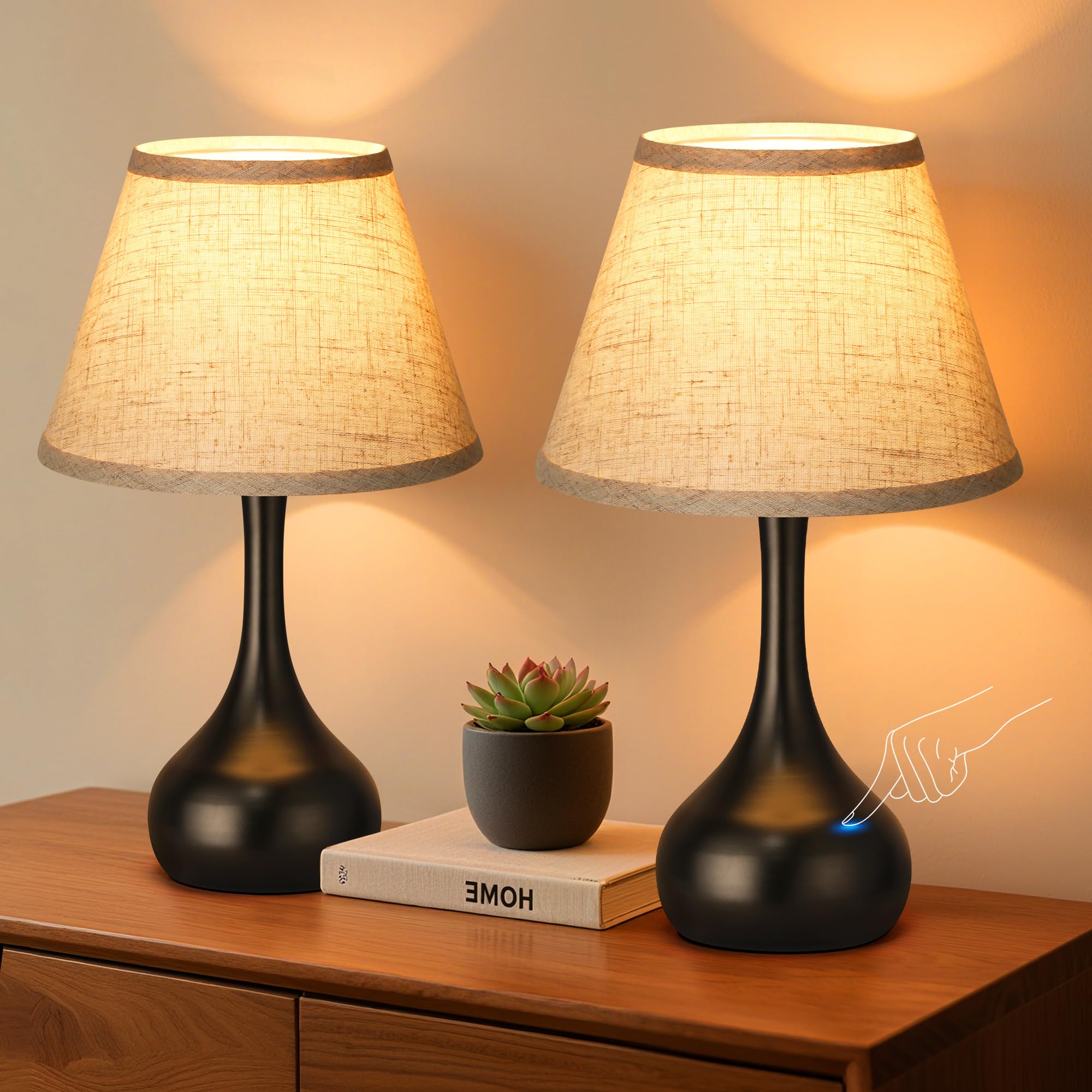 17  Touch Table Lamp for Bedroom Set of 2  3-Way Dimmable Bedside Lamp for Nightstand  Farmhouse Metal Desk Lamp with Linen Shade for Living Room  Kids Reading  Dorm  Home Office Decor  Bulb Included