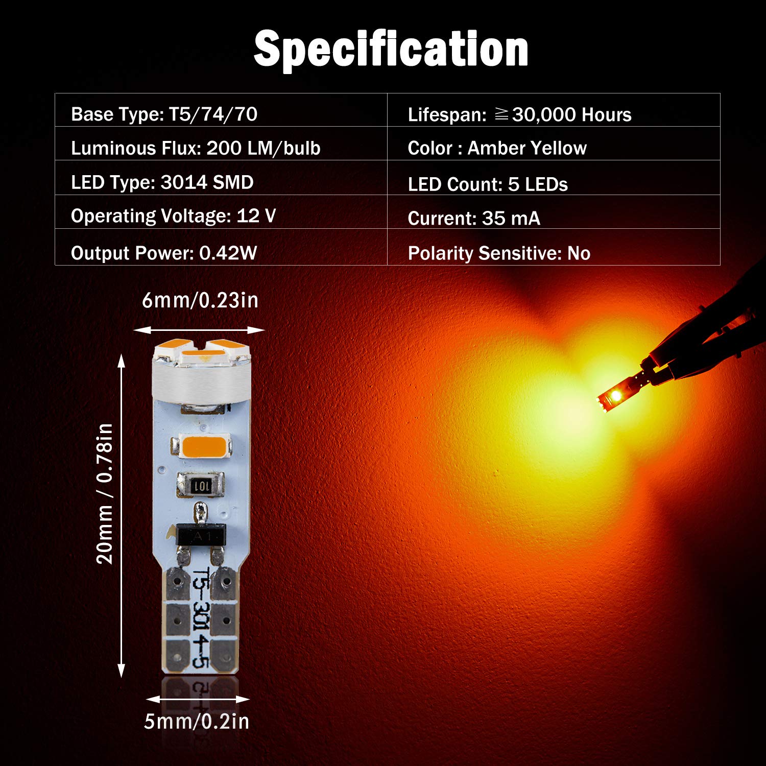 Brishine 10X T5 Led Bulbs Amber Yellow Canbus Error Free 3014 Chipsets 74 2721 37 Pc74 70 73 17 Led Bulbs For Interior Gauge Clu