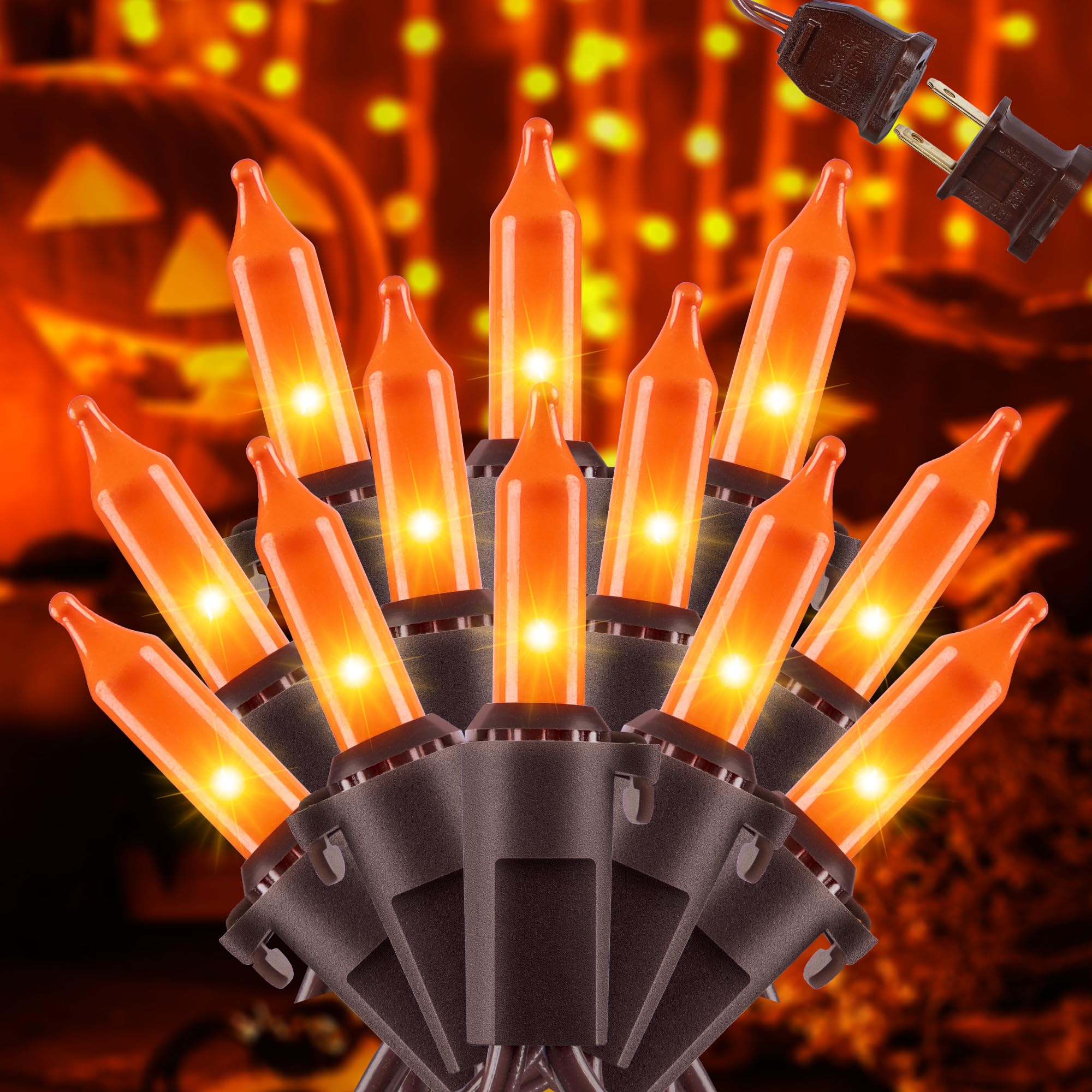 YOUNGAR Orange Halloween Lights, Clear Christmas Lights Outdoor,13FT 50 UL Approved Christmas String Lights with Brown Wire,Inca