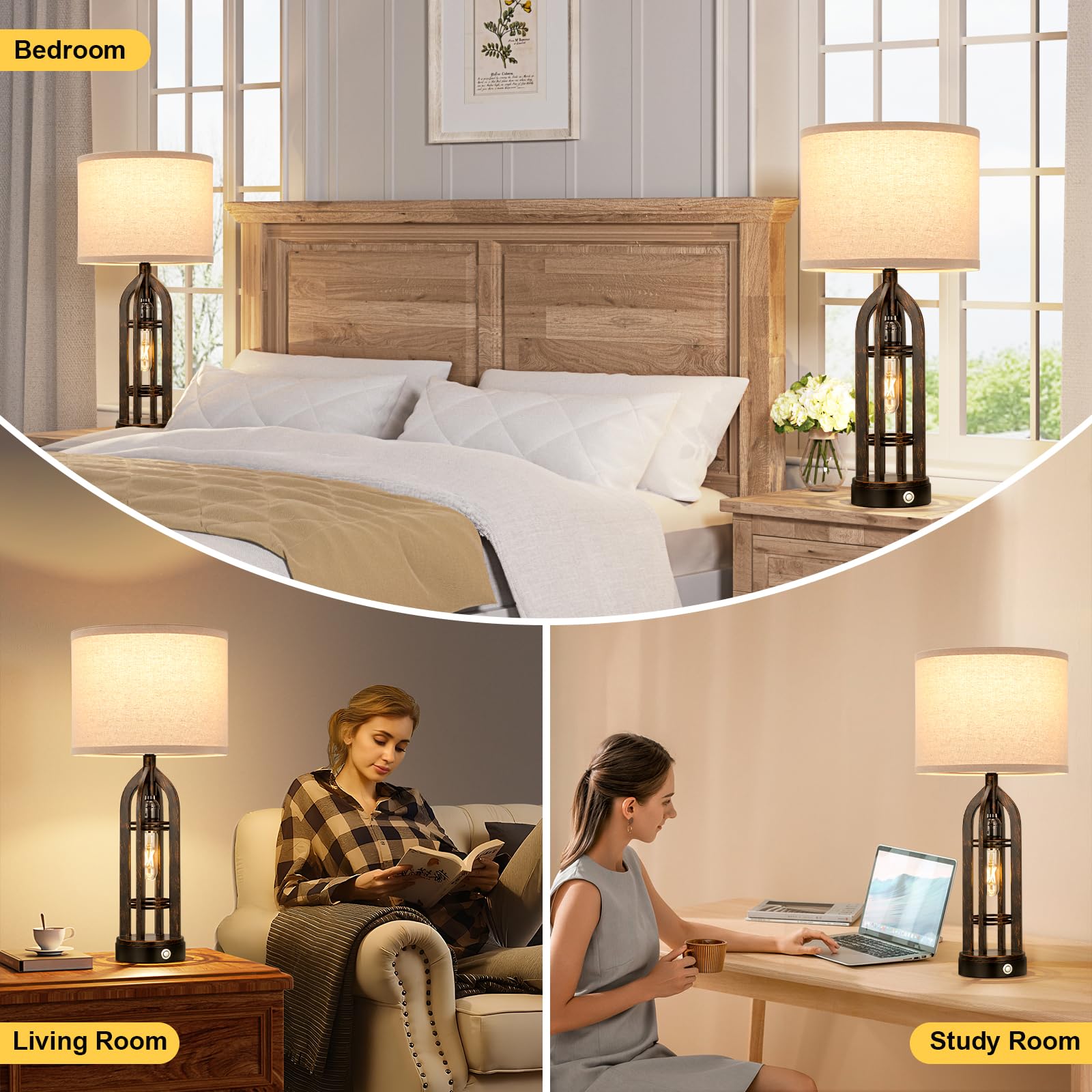 Seealle Table Lamp Set of 2 - 3-Way Dimmable Touch Lamps, E. Oat Shade & Bronze, Ideal for Living Room and Bedroom Night Stands