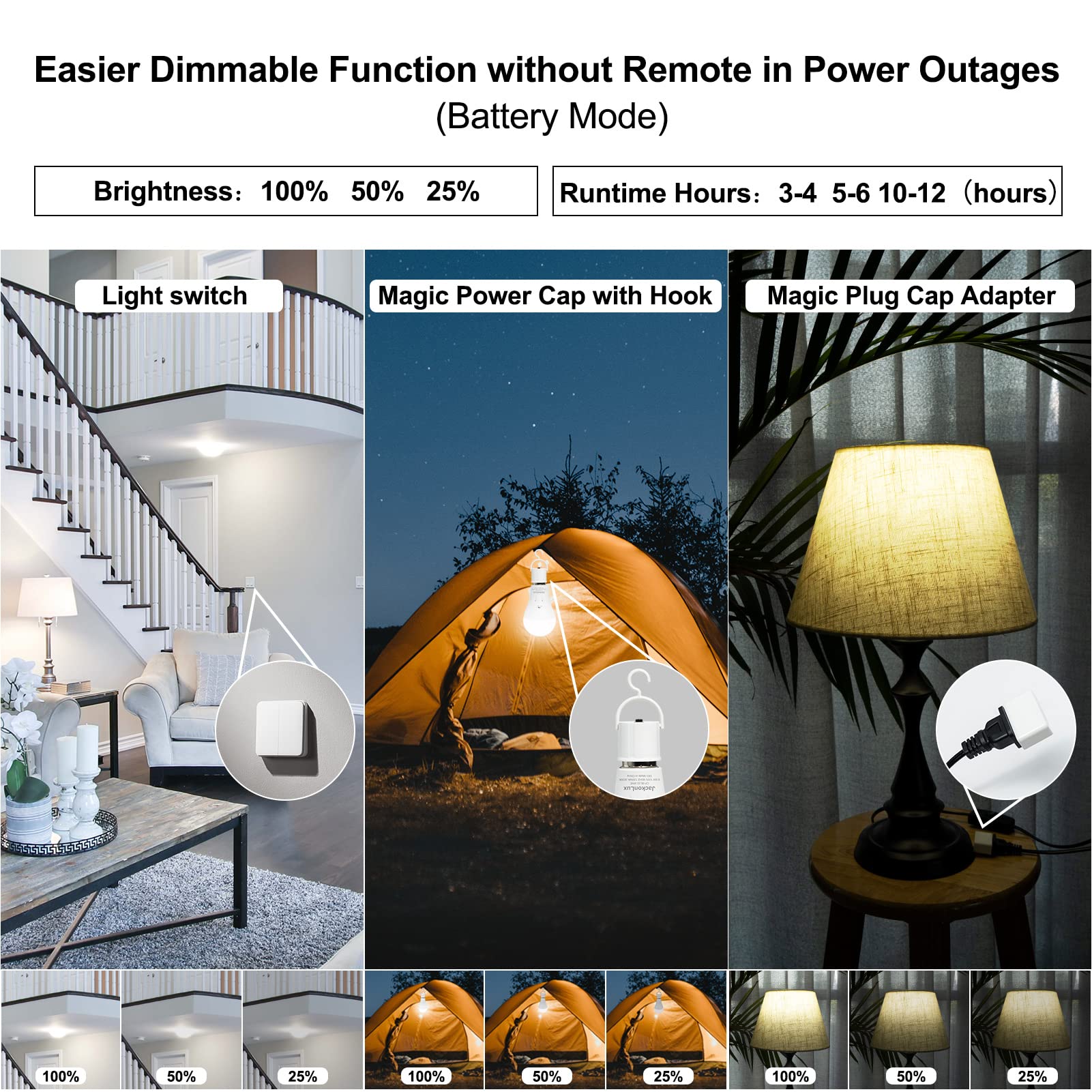JackonLux Battery Operated Light Bulb E26 9W 3-Pack, Wireless Cordless, White with Indicator, Model CP-BL02-9WE-5000K