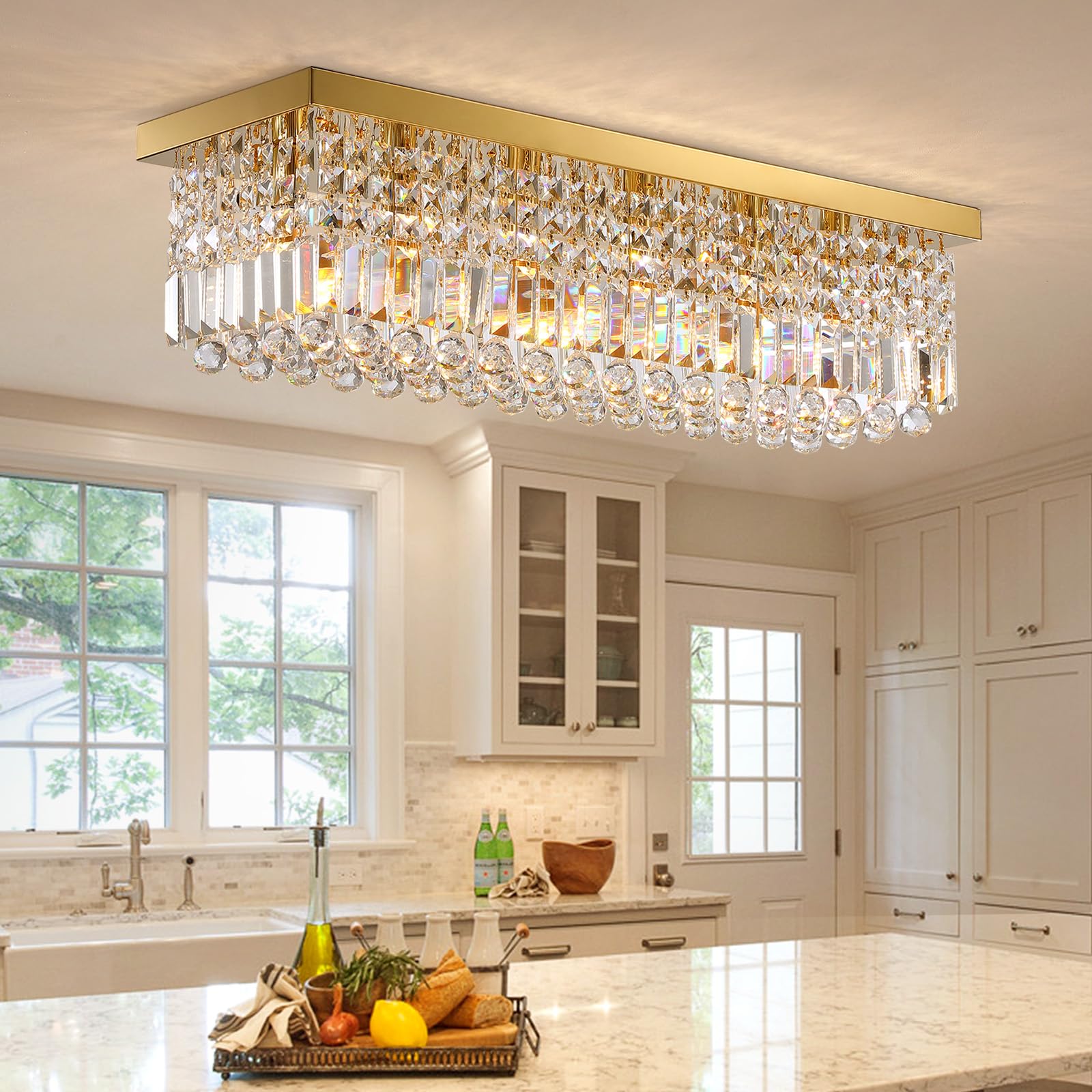 Siljoy 6 Lights Flush Mount Ceiling Light, Modern Stainless Steel Raindrop Chandelier, L31.5 Inch, Model HLP009-C