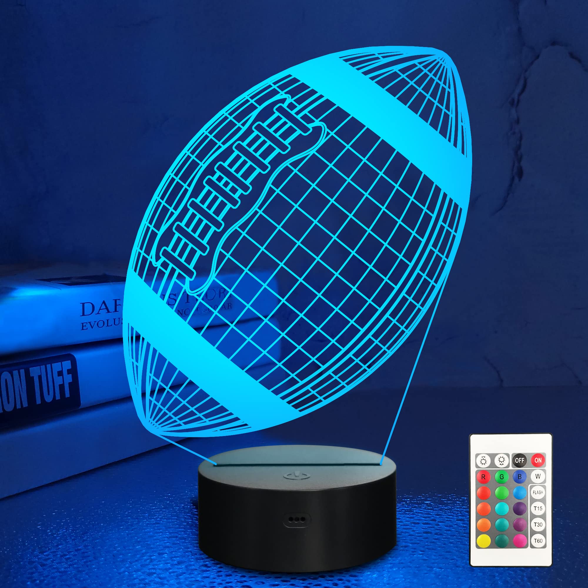Lampeez Football Gifts Night Light, Kids 3D American Football Night Light Optical Illusion Rugby Lamp with 16 Colors Changing Re