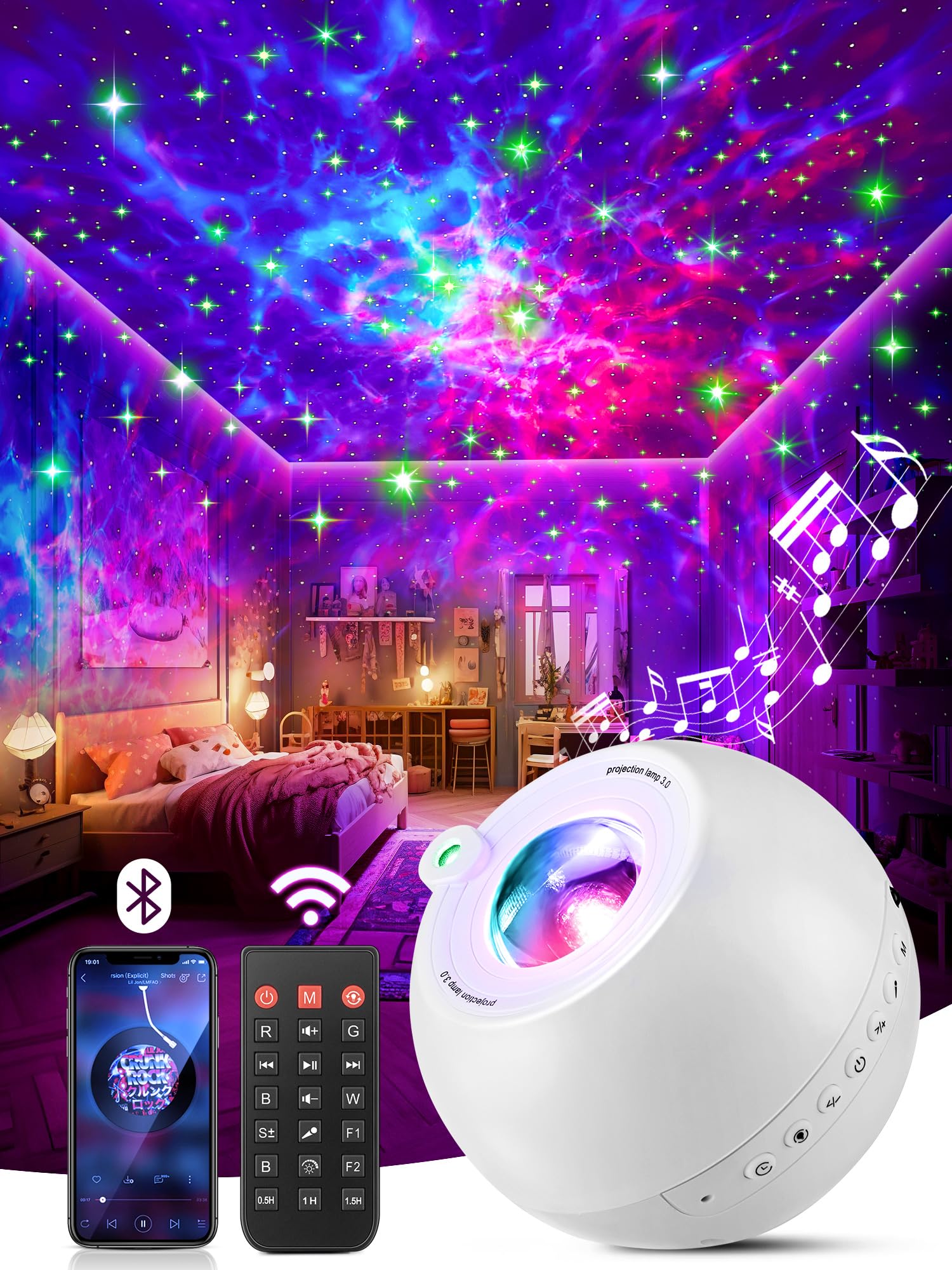 One Fire Star Projector Galaxy Light,15 Color+15 White Noise+Bluetooth Galaxy Projector for Bedroom,Kids Night Light for Kids,Te