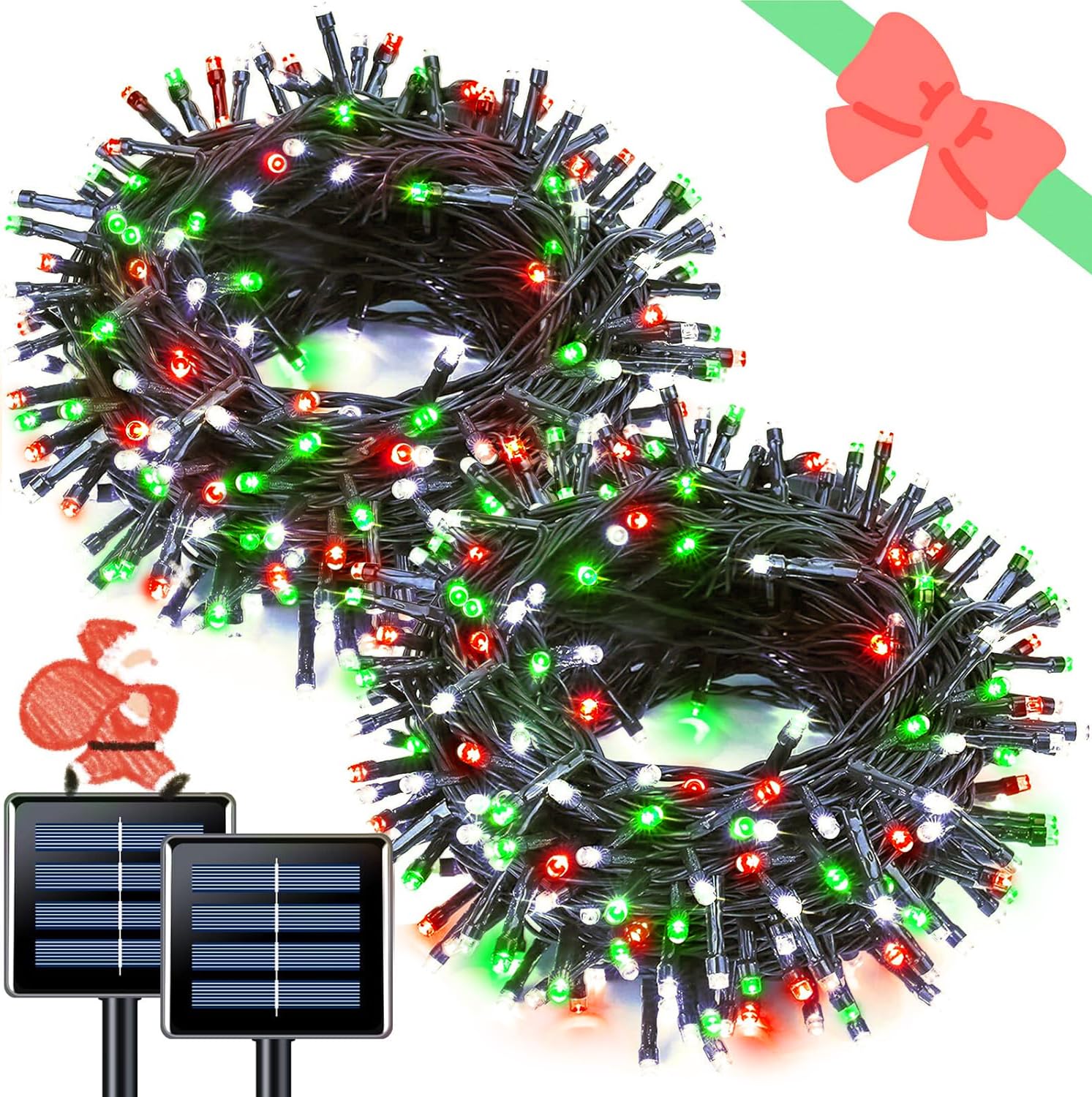 JMEXSUSS Solar Christmas Lights, 100 LED, 33 FT, Waterproof, Red White and Green, 2 Pack, Outdoor String Lights for Garden Decor