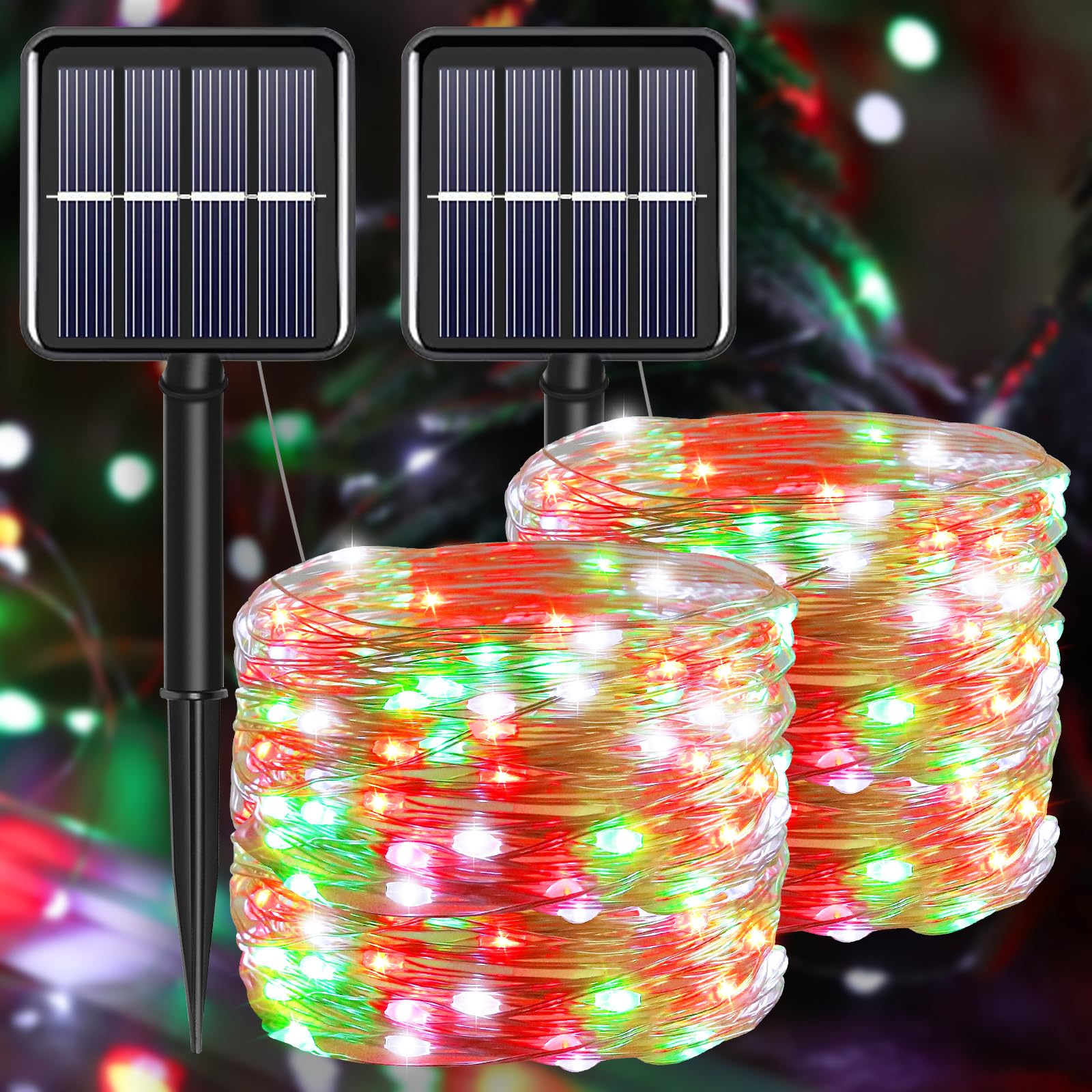 YAOZHOU Solar Christmas Lights Outdoor, IP67 Waterproof, 200 LED, 66FT, Red White Green, 8 Modes, Model YAO1