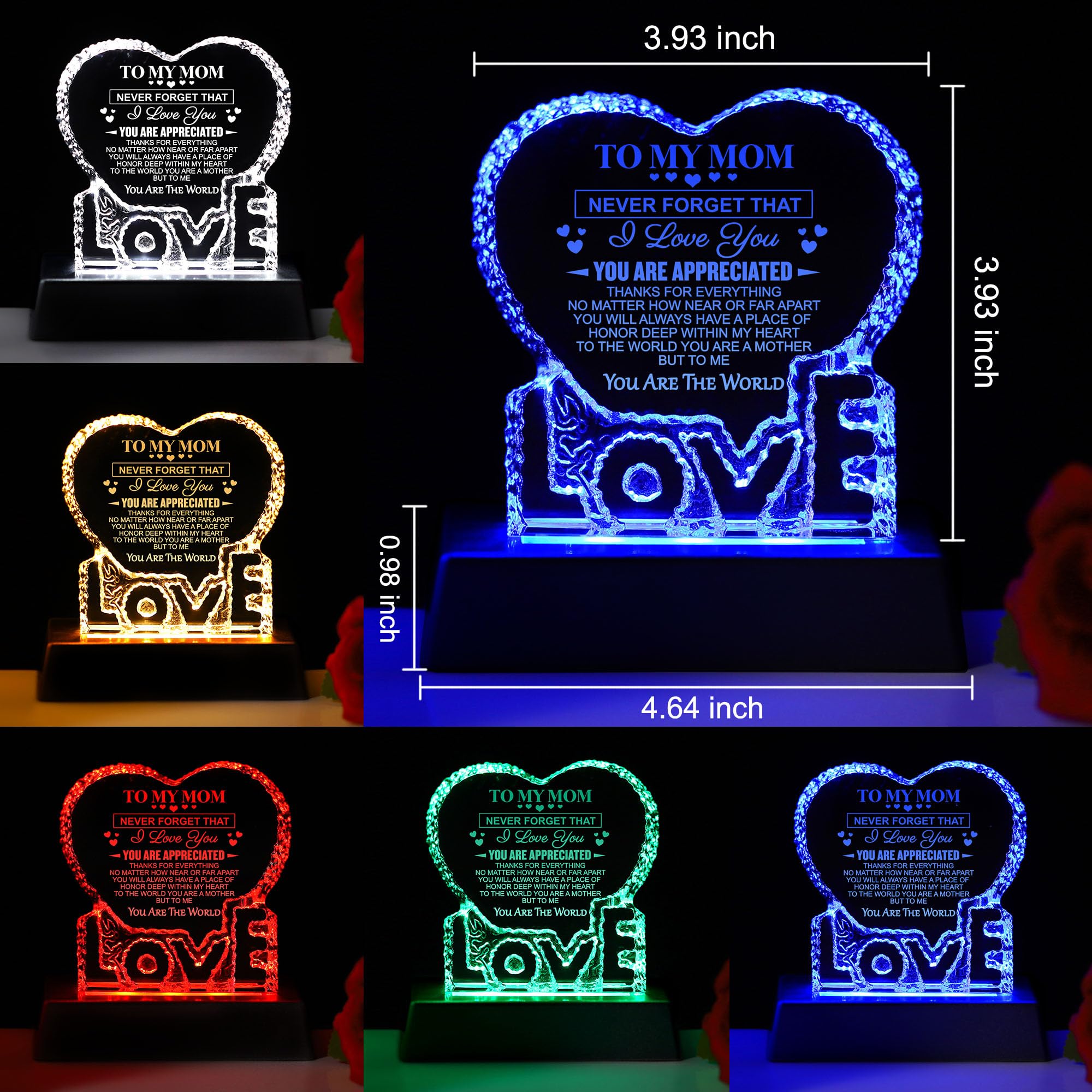 Zhshwat Mothers Birthday Day Gifts For Mom,Heart-Shaped Crystal Multicolor Nightlight Gifts For Mom From Son Daughter For Christ