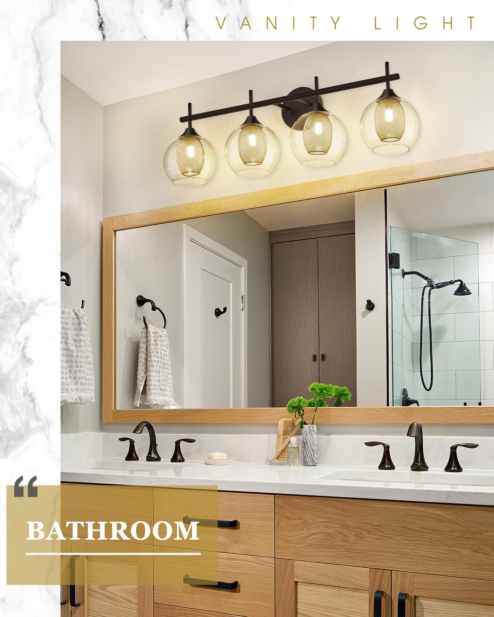 Audickic Bathroom Light Fixtures, 4-Light Black And Gold Vanity Lights Over Mirror, 30Inch Farmhouse Wall Sconce Lighting With C