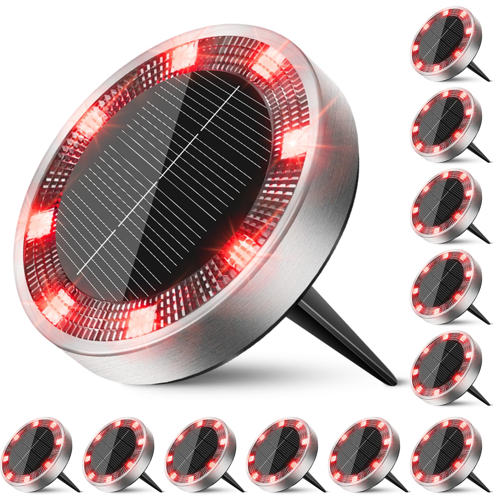 Peasur Solar Ground Lights Outdoor  12 Pack Flat Solar Powered Disc Lights  Ip68 Waterproof  Anti-Rust  Landscape Lighting For Pathway Garden Yard Lawn Walkway Landscape Driveway  Red