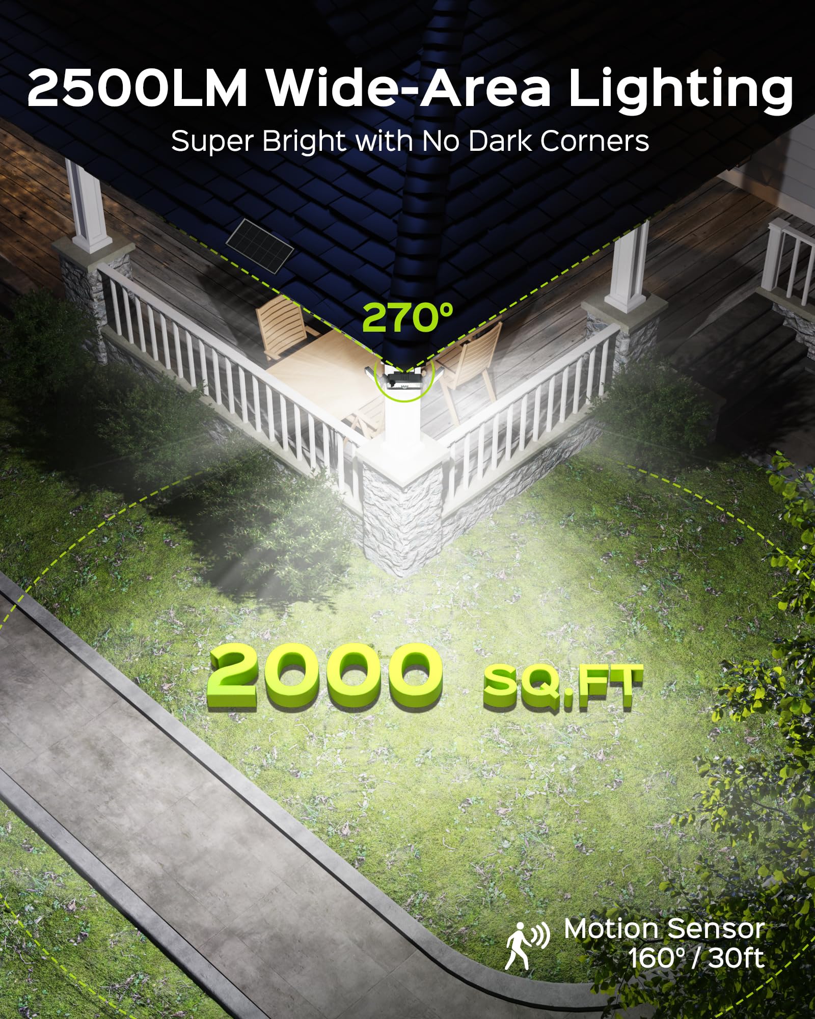 JACKYLED Solar Motion Lights 2500LM, 4000mAh Battery, IP65 Waterproof, 4-Head, Black, Model JX-BD007E (1 Pack)