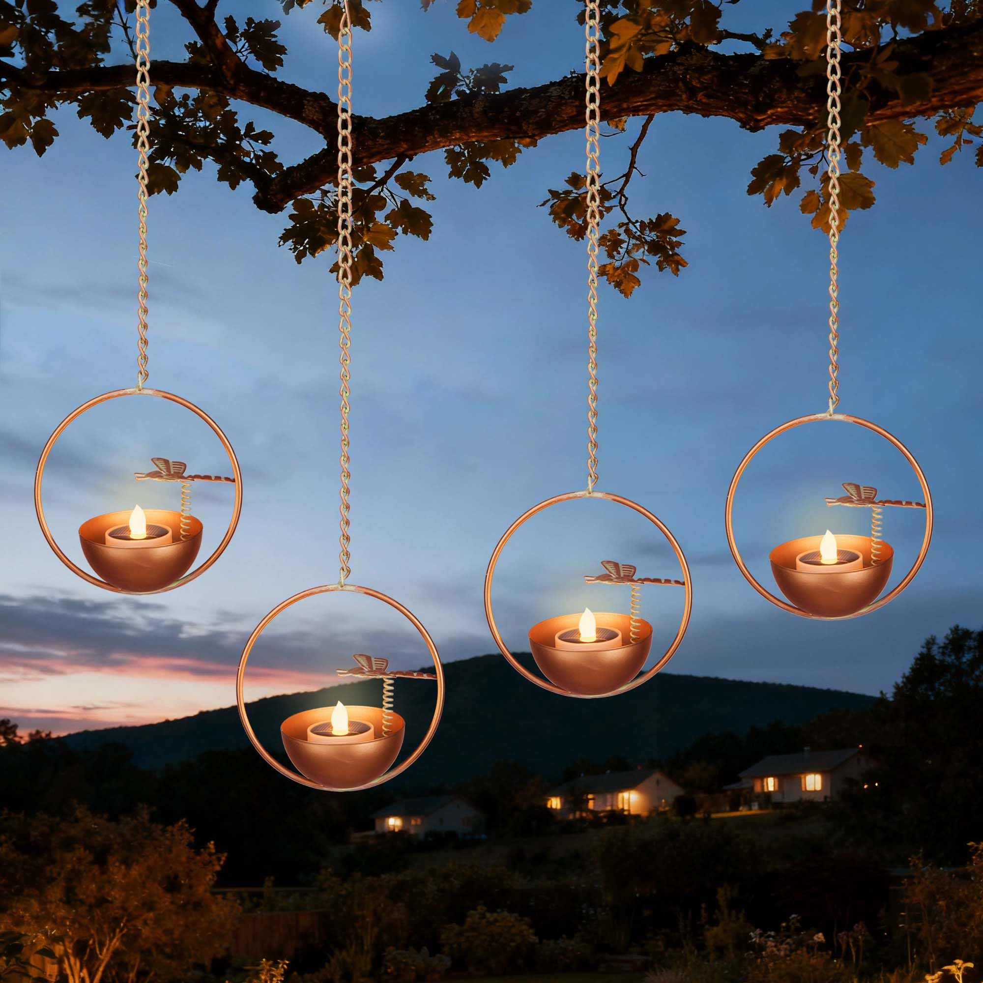 Solar Hanging Lanterns  Dragonfly Style Outdoor Chandelier  Waterproof Auto On/Off Solar Tea Lights for Garden  Patio  Porch  Balcony  Tree Decor (Flickering Flame  4-Pack)