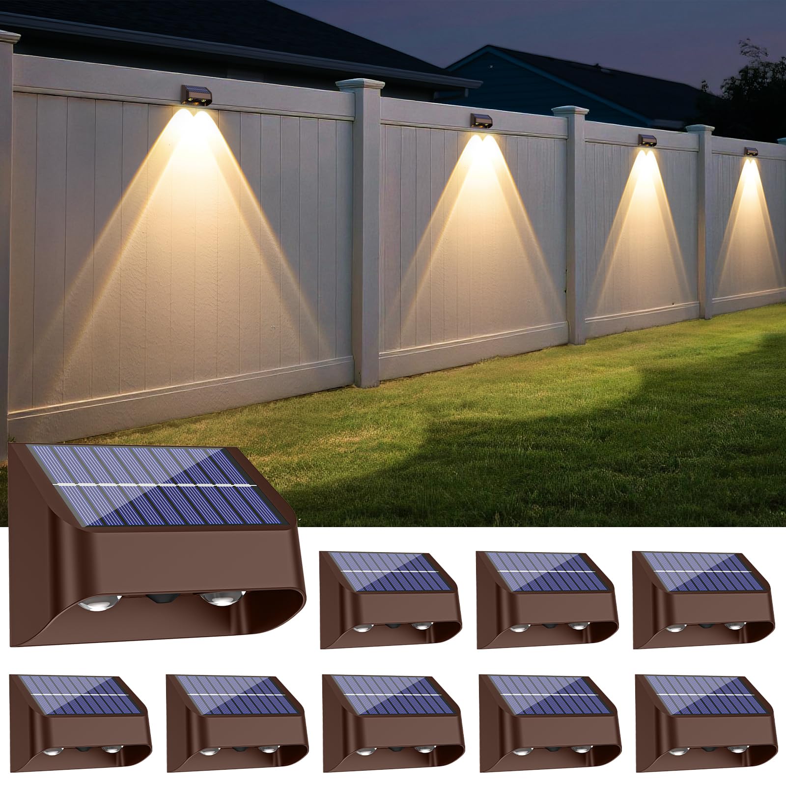 FLITI Solar Fence Lights - 3000/4000/6000K, Waterproof Dusk to Dawn Outdoor Lighting, 8 Pack, Acrylic, Model SWV-3108, Brown