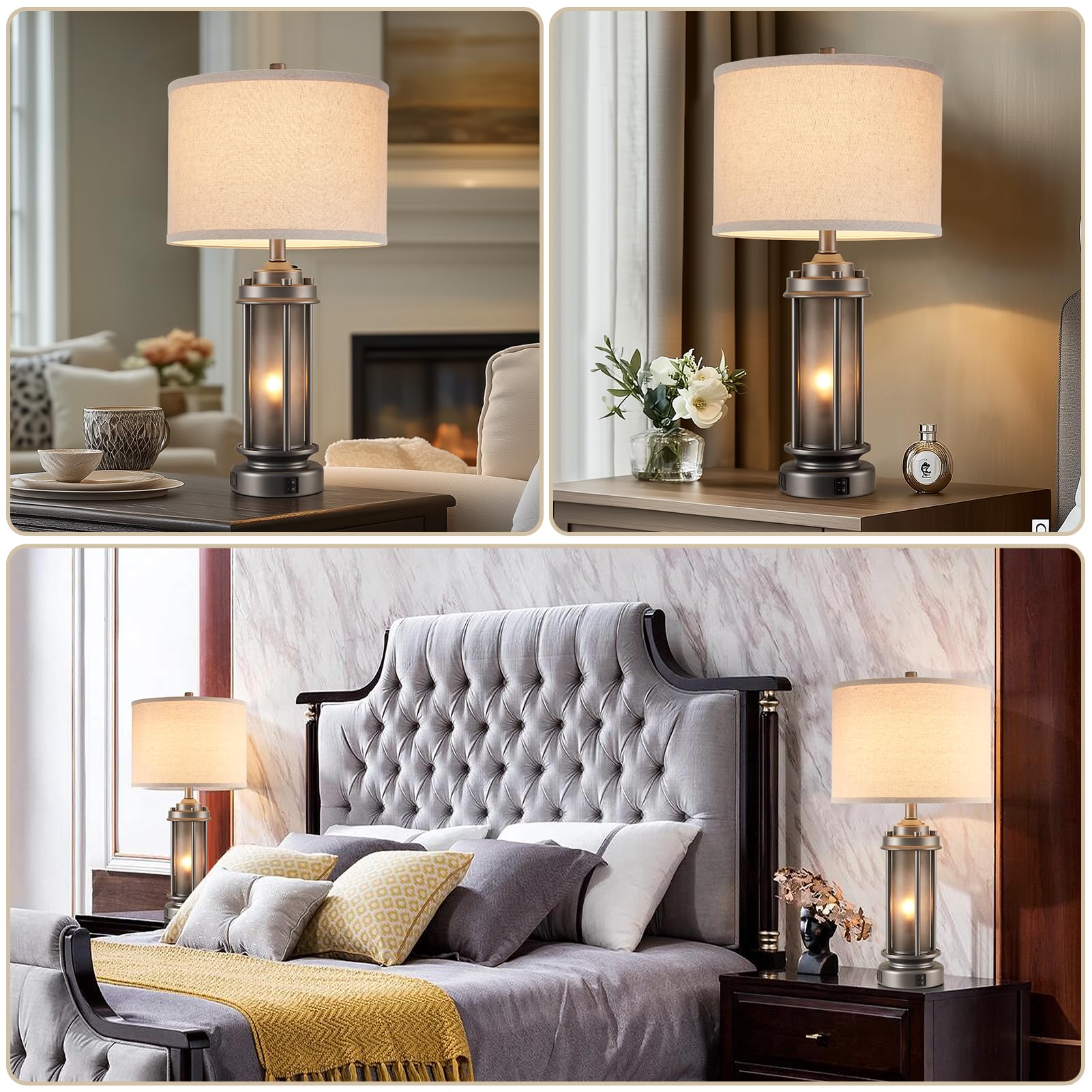 Aieampdo Industrial Metal Table Lamps Set Of 2 Living Room Bedroom, 2 Usb Ports Bedside Lamp With Glass Nightlight, Modern Desk