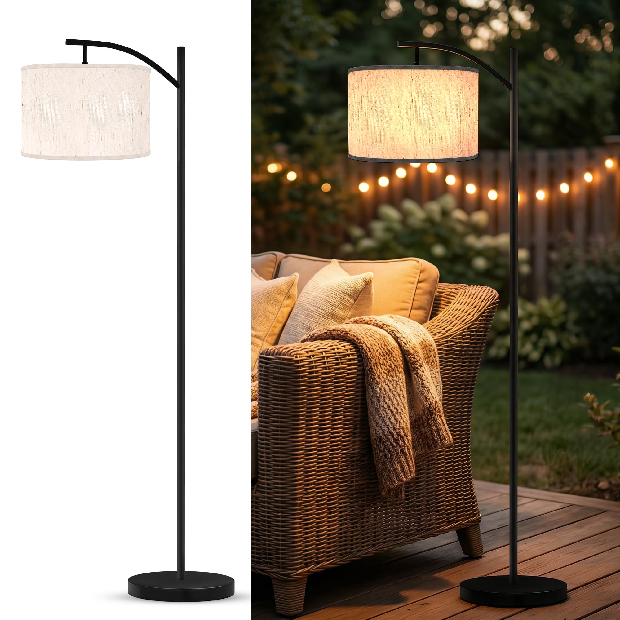 VISFLAIR Solar Outdoor Floor Lamp  Waterproof Arc Standing Light with Heavy Metal Base for Patio  Modern Exterior Tall Light with Shade & Vintage Edison Bulb for Deck  Porch  Garden  Balcony Decor