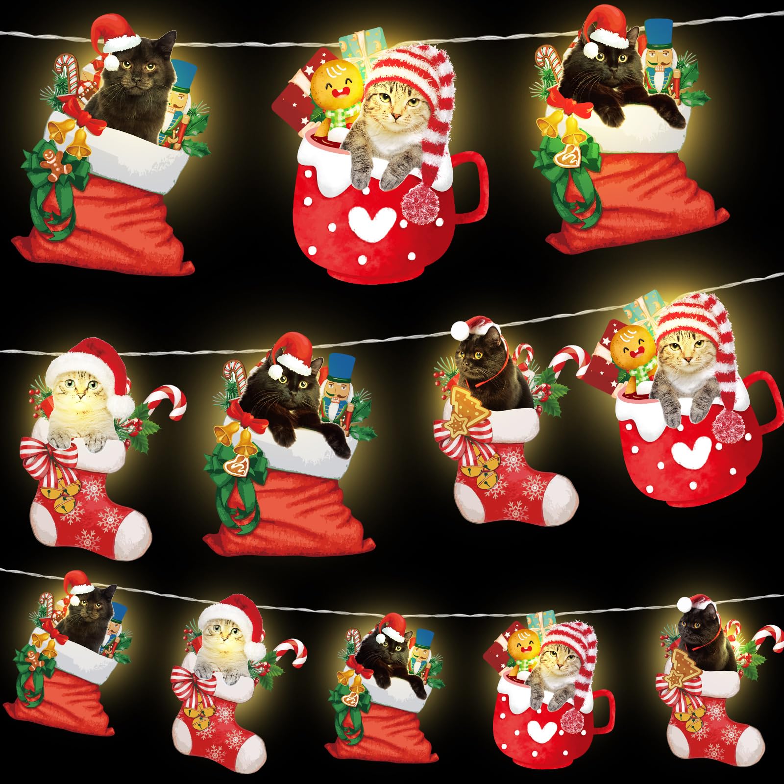 Ganeen Christmas String Lights 20 LED 10 ft Cute Hanging String Lights for Christmas Tree Battery Operated Indoor Holiday Lights for Xmas Party Decorations Outdoor Mantel Fireplace(Cute Cat)