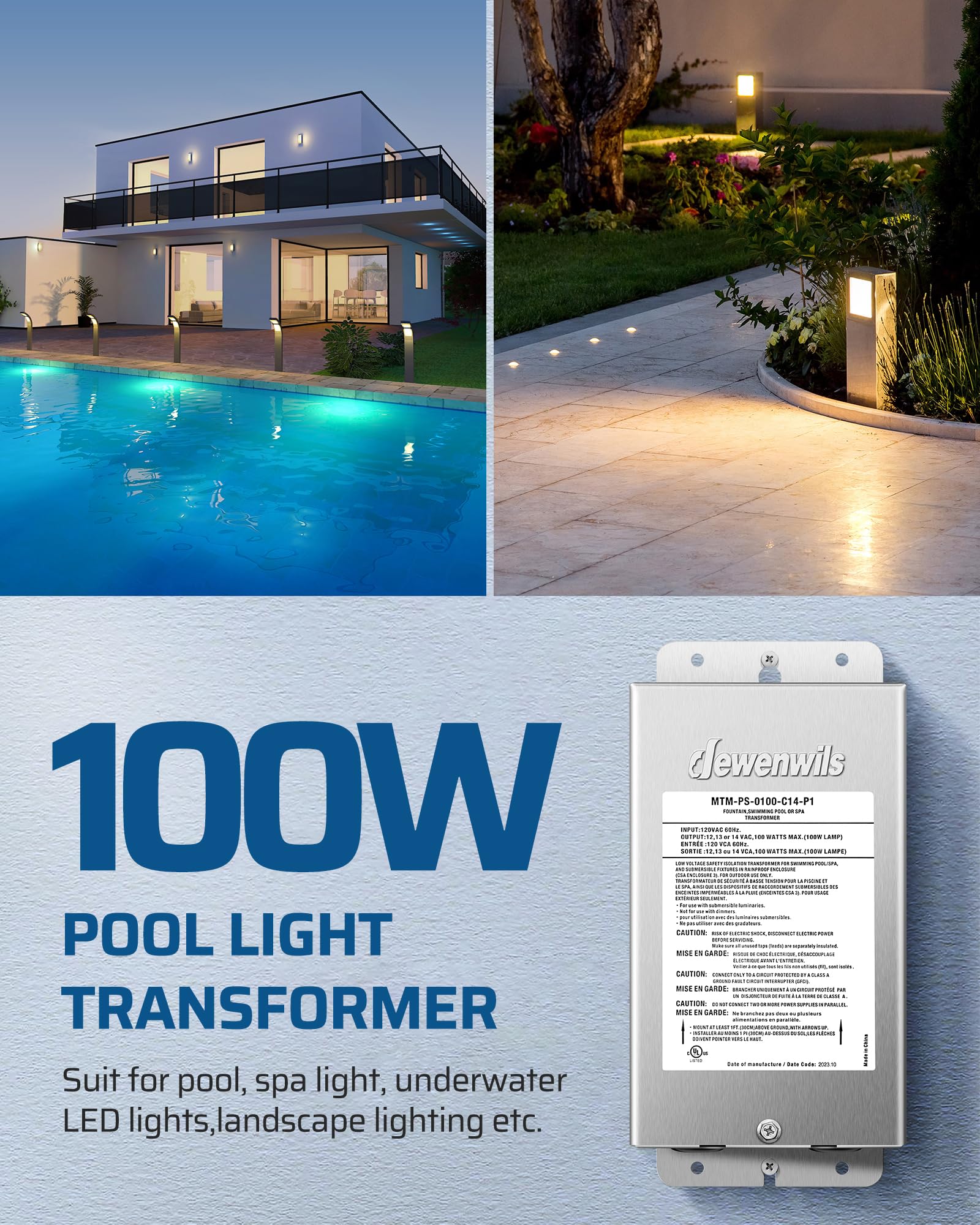 Dewenwils 100W Low Voltage Pool Light Transformer  120V Ac To 12V/13V/14V Ac  Multi-Tap Safety Transformer For Pool Lighting  Spa  Underwater Fountain Lights  Outdoor Landscape Lights