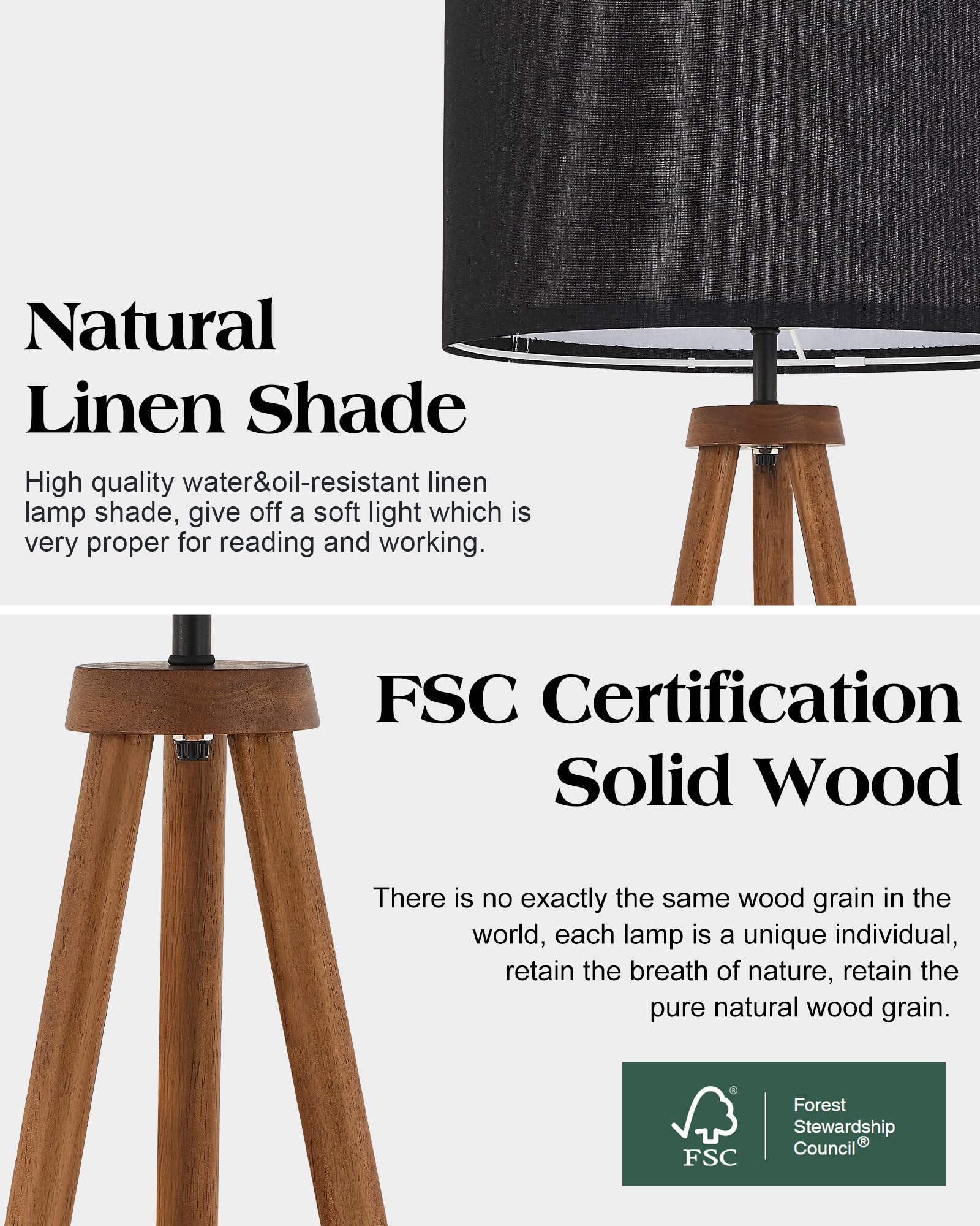 ELYONA Wood Tripod Floor Lamp, Modern Design with Black Drum Shade, 3 Color Temperatures, ETL Listed, Walnut & Black, Model UF1101-FB