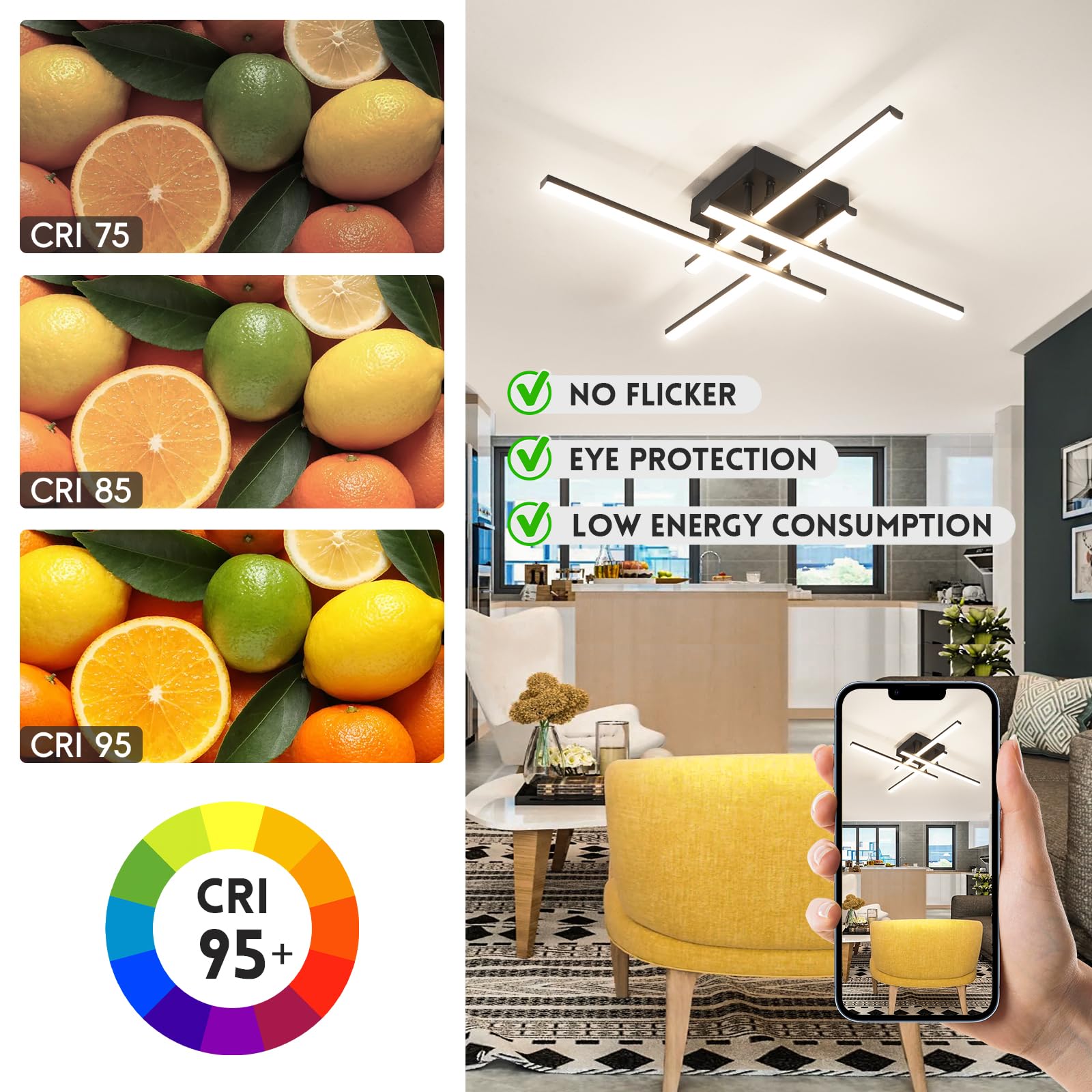 Caneoe Modern Ceiling Light Fixture Sputnik Dimmable Ceiling Light With Remote Control Black Flush Mount Chandelier Ceiling Lamp