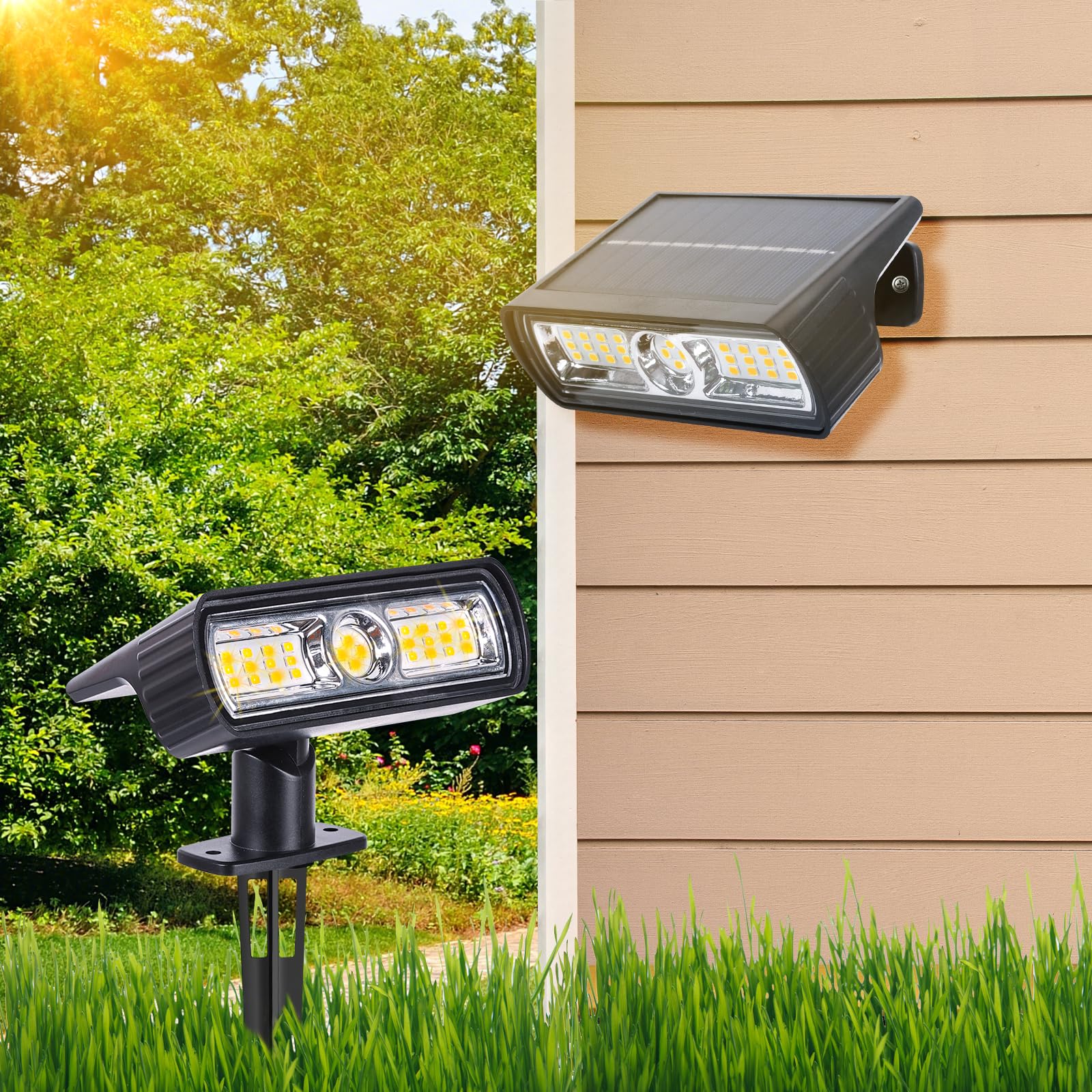 Toodour Solar Spot Light Outdoor  2 Pack Solar Lights Outdoor with 2 Modes  Waterproof Solar Powered Flood Lights Landscape Lighting for Yard Garden Home Pathway Walkway Outdoor Decor - Warm White