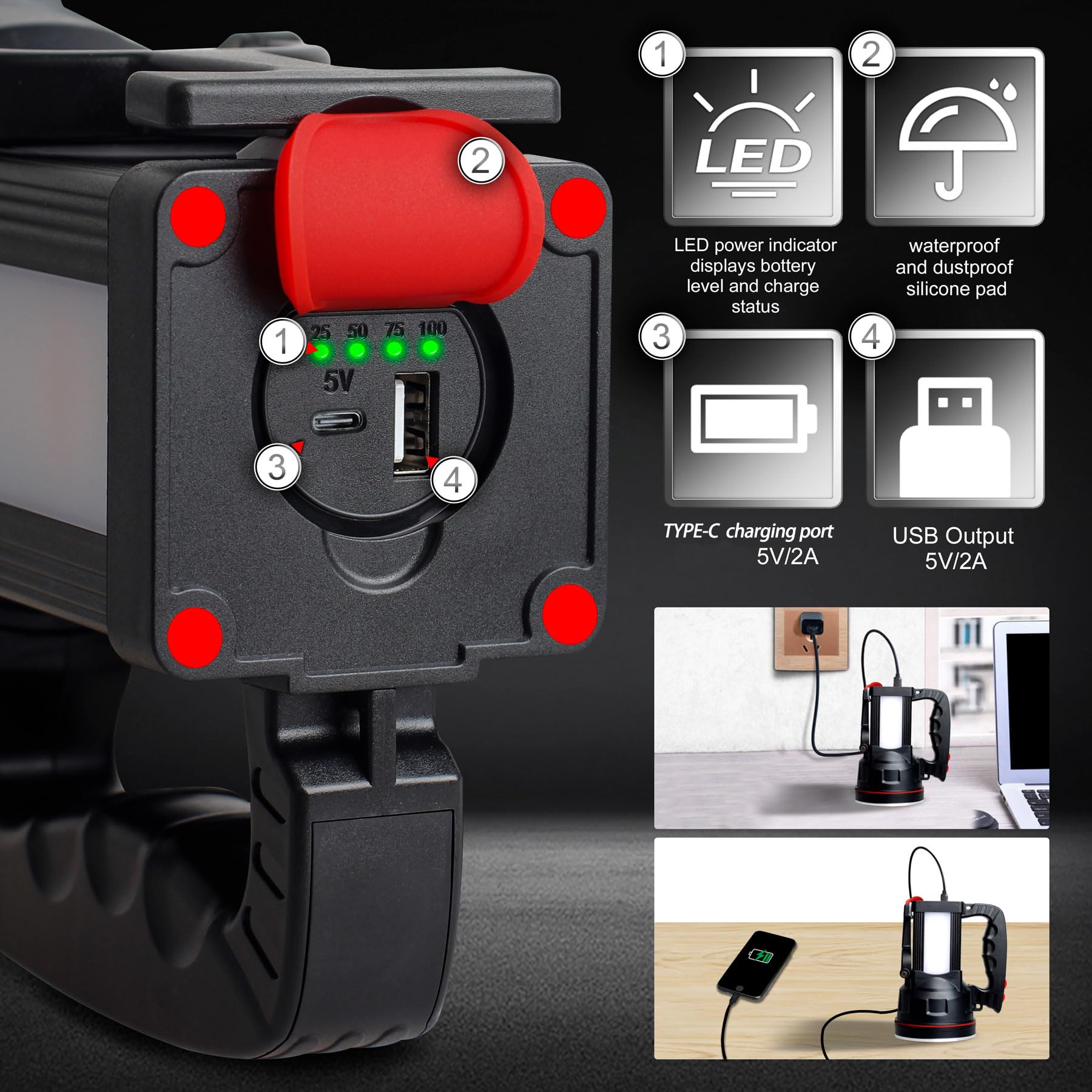 BIGSUN Spotlight Flashlight, 12800 mAh Rechargeable Flashlights High Lumens, Bright Flashlight, Outdoor Waterproof Camping Searc