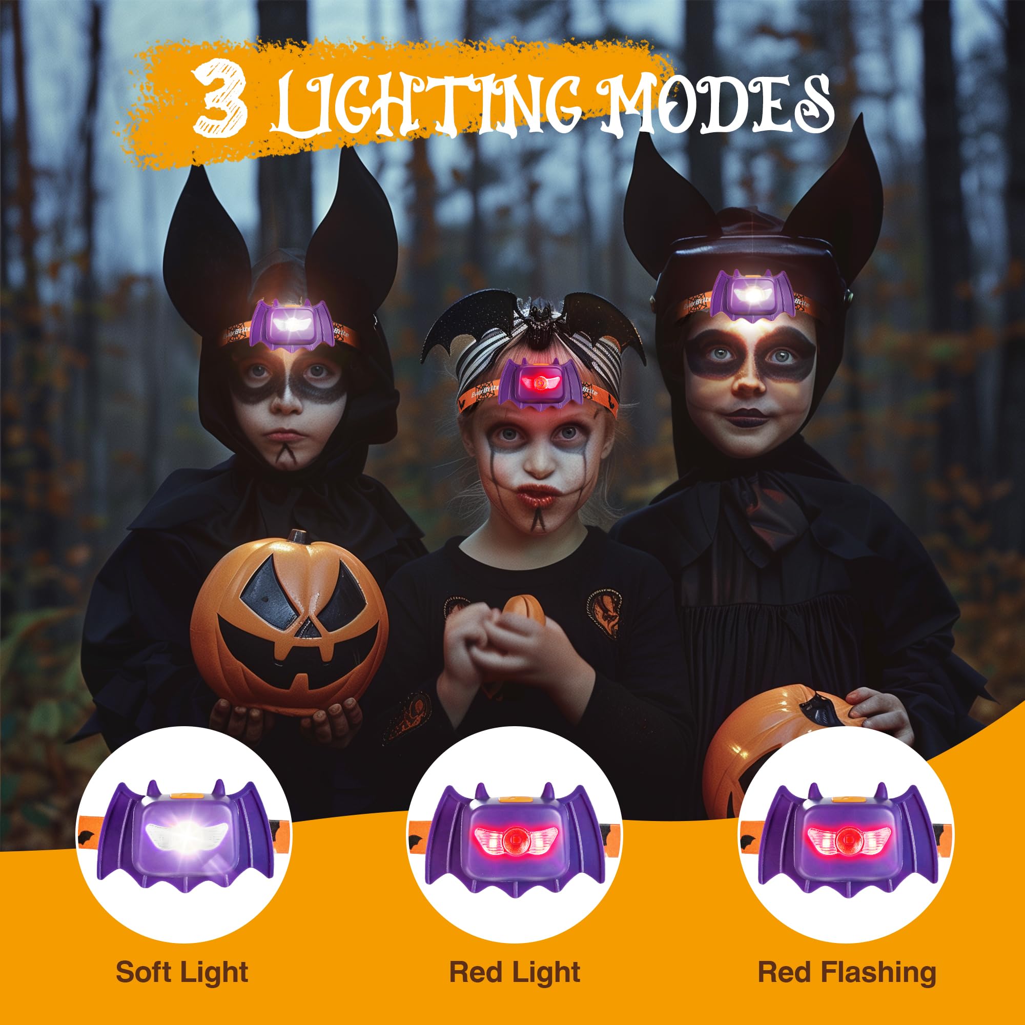 Everbrite Halloween Bat Headlamps Halloween Gifts 3 Modes Head Lamps With Warm/Red/Strobe Lights  Headlights For Halloween Party And Decorations 2 Pack