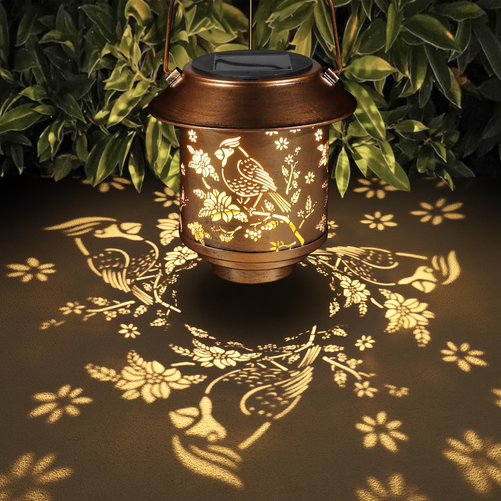Outdoor Hanging Solar Lantern Waterproof Outside Metal Openwork Cardinal Pattern Landscape Lights For Porch Garden Yard Patio Pa