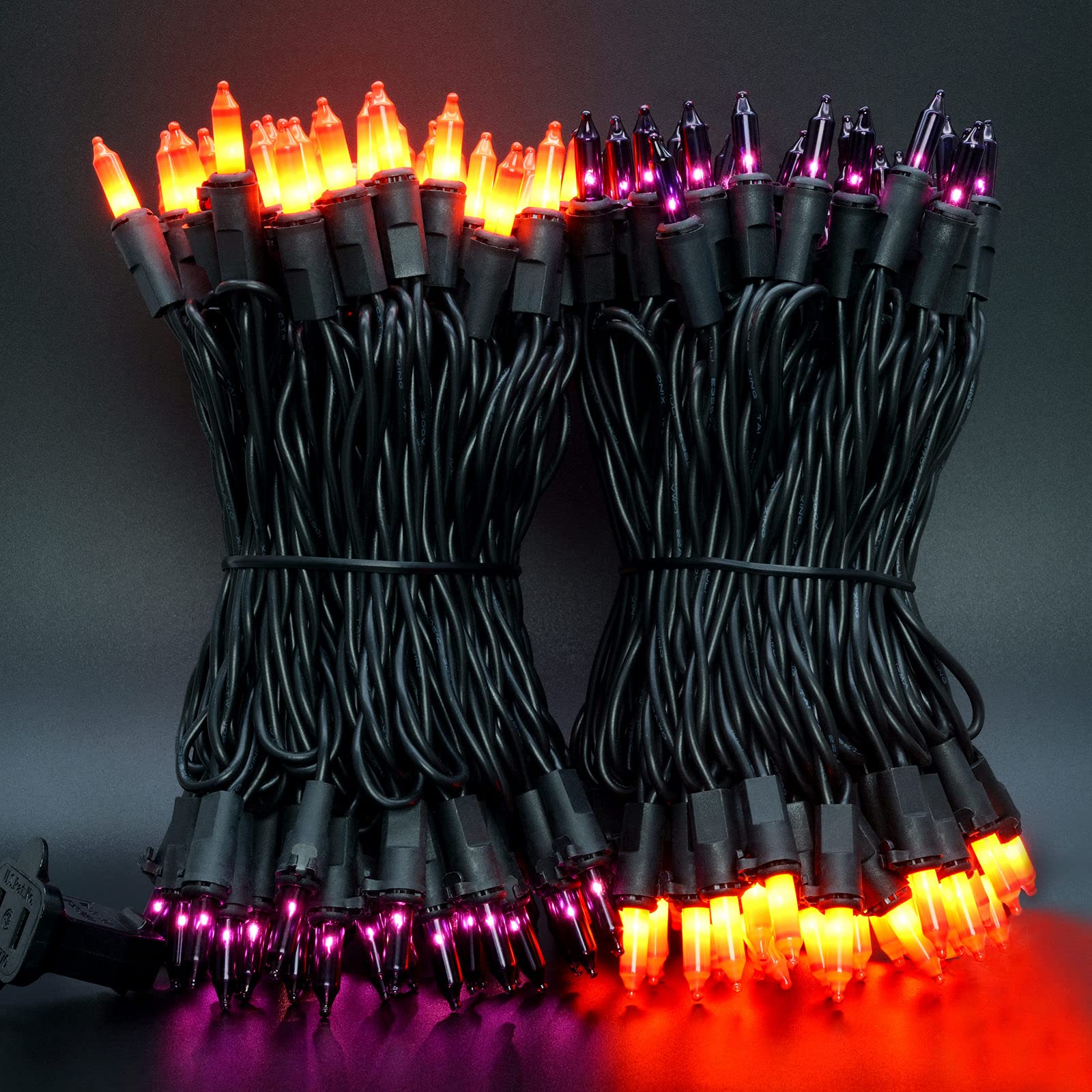 Yuletime Orange & Purple Halloween Lights With Black Wire, 66 Feet 200 Count Ul Certified Christmas String Lights, Pack Of 2 Set