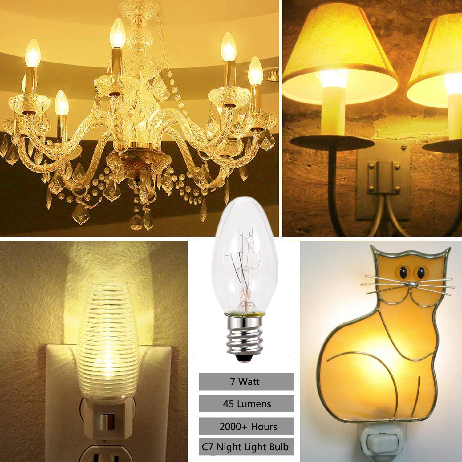 9-Pack,7 Watt Salt Lamps And Night Light Replacement Bulbs, Crystal Clear Glass,C7/7 Watt/120 V/45 Lumen,E12 Candelabra Base Long Life Bulbs