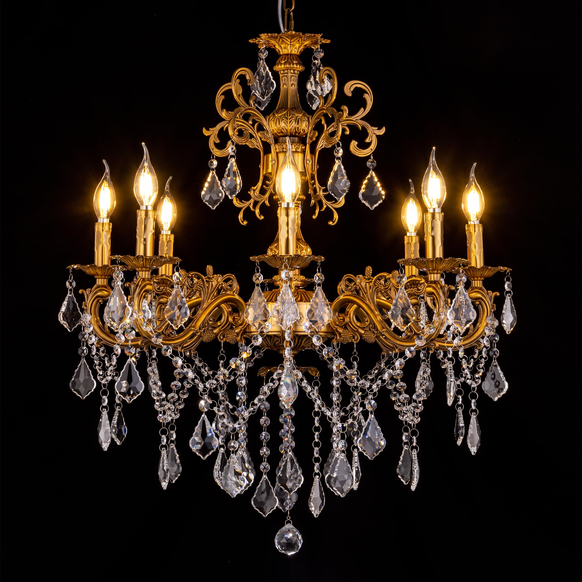 Wellmet Crystal Chandeliers Vintage Antique Bronze Chandelier 8 Lights Candle Pendant Ceiling Light Fixture for Dining Room Living Room Kitchen Bedroom Hallway Entryway Dia 28