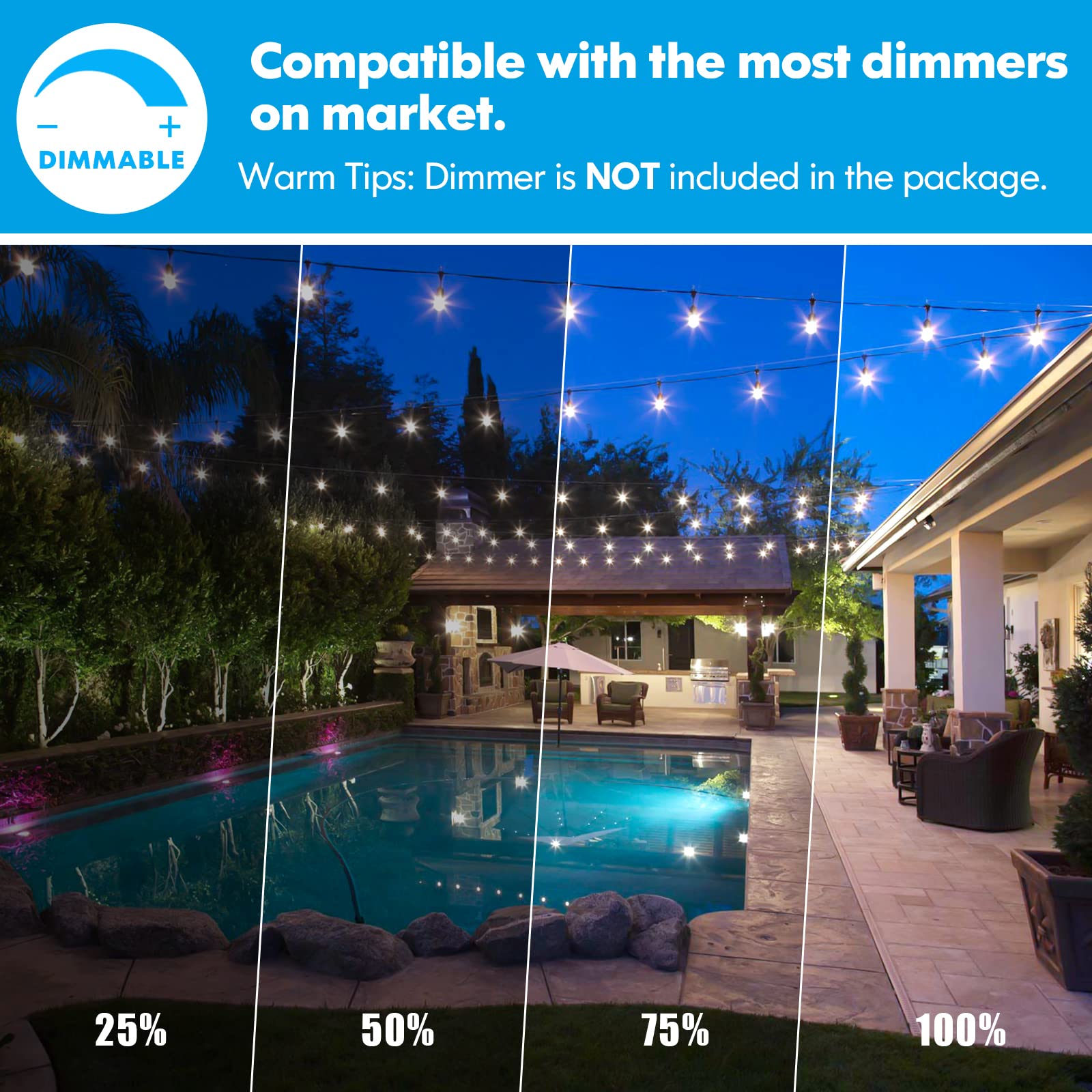 Lakumu 48FT LED Outdoor String Lights, Waterproof Shatterproof E12 S14 Bulbs, Dimmable, Black-5000K, 1-Pack
