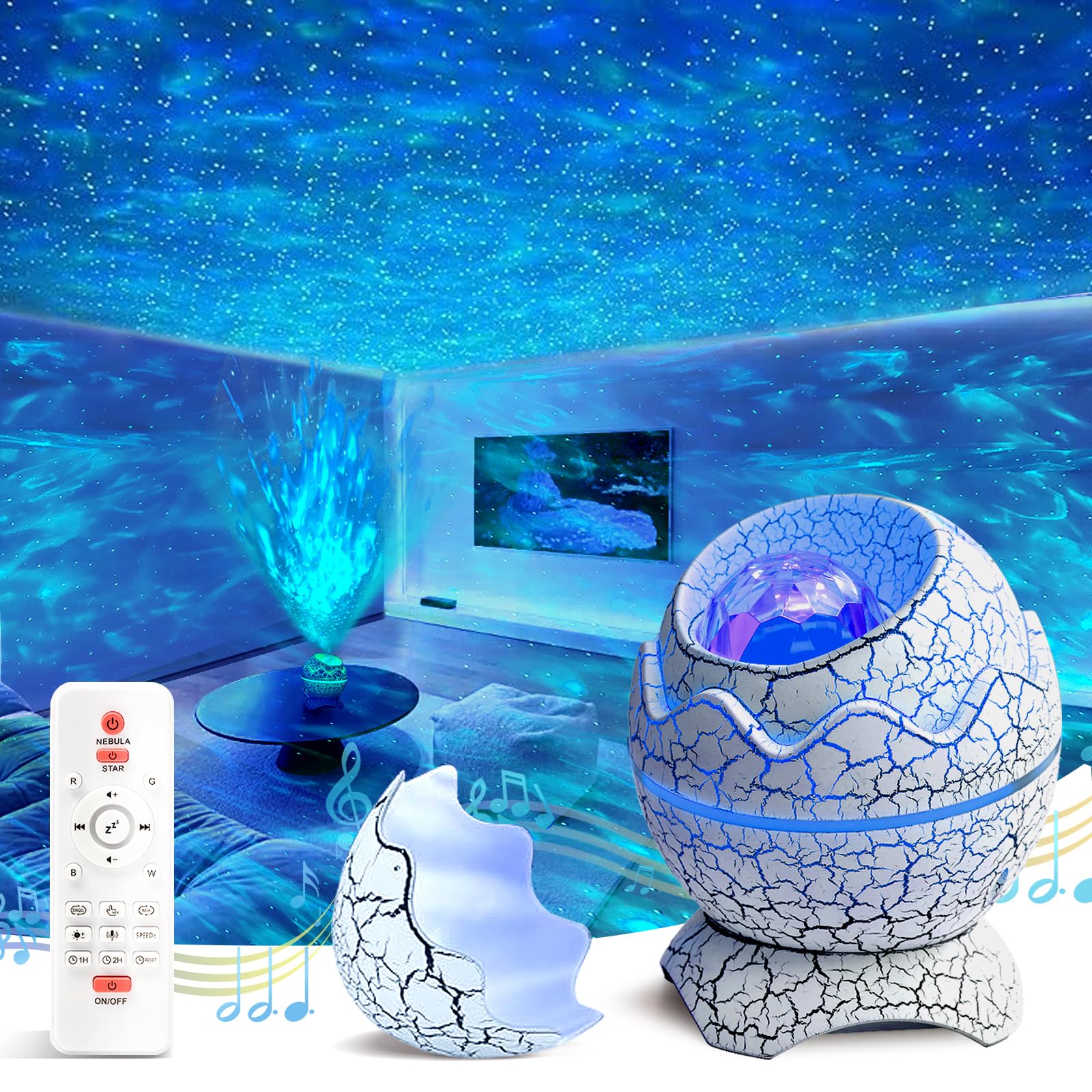 XQBX Dinosaur Egg Galaxy Projector an Aurora Projector with Bluetooth Speaker & White Noise - Valentines Gift for Her/Him, Room