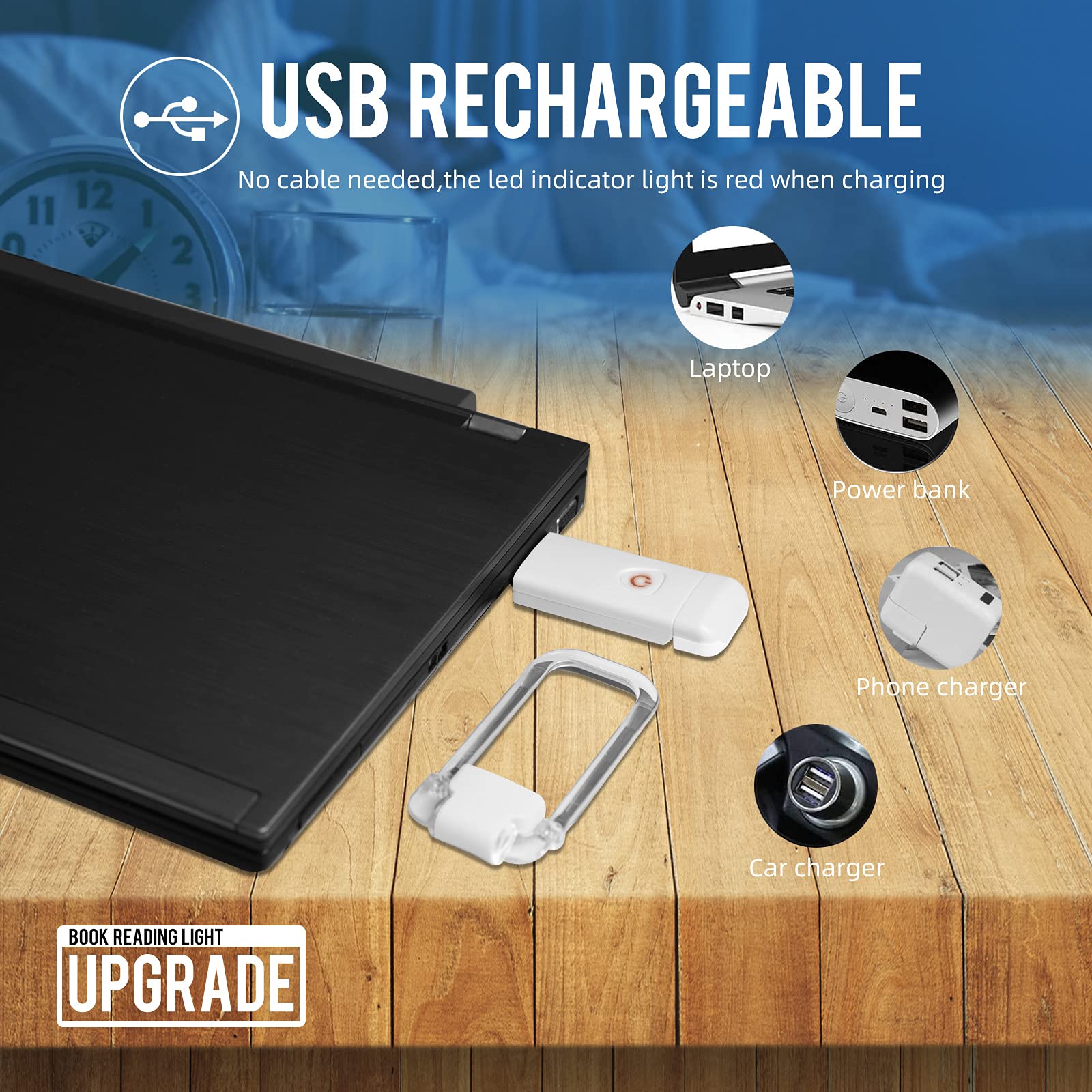 EGWASER Book Light - USB Rechargeable, 3 Brightness Levels, Dimmable, 2-Pack, White, Model EG-BL-24-1