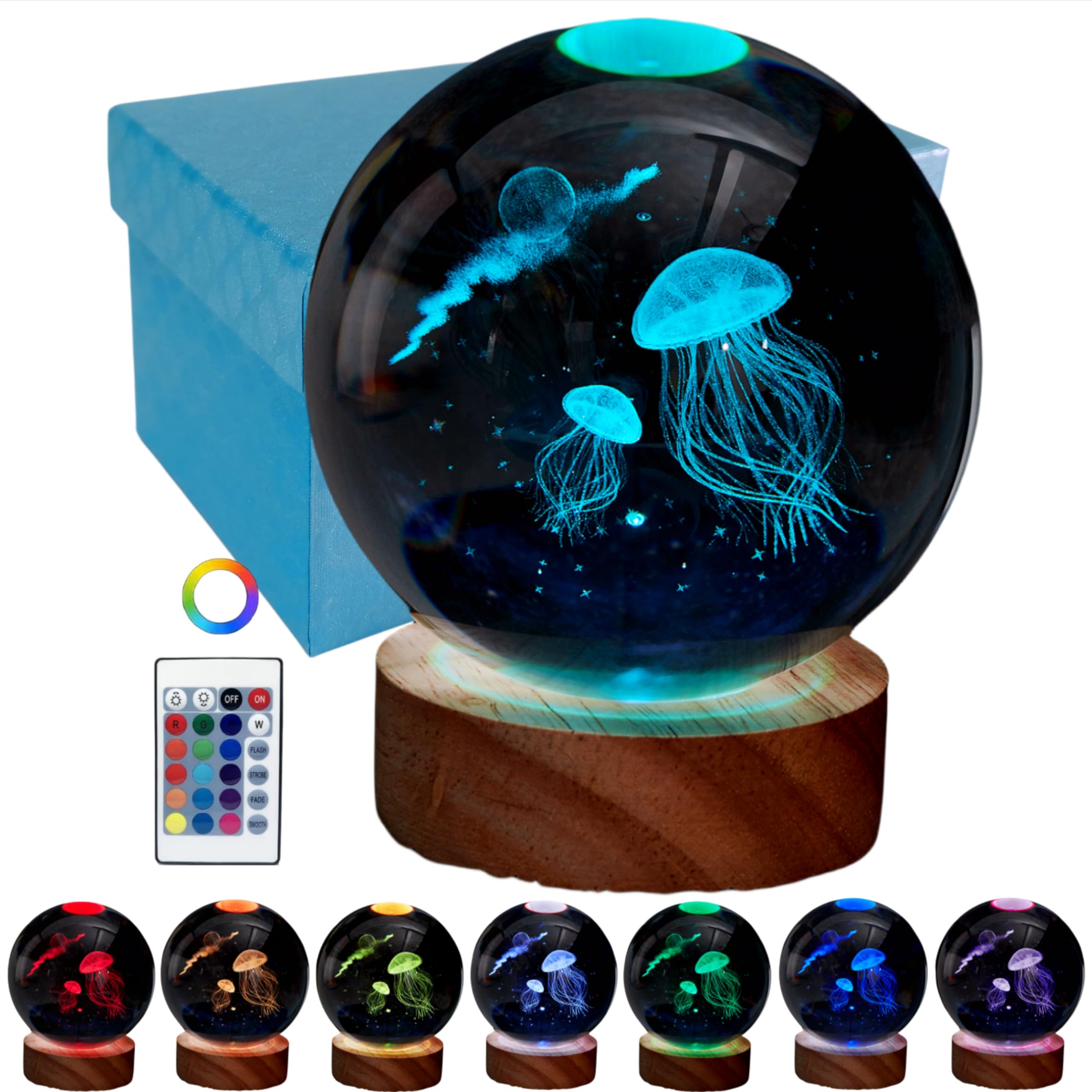 3D Jellyfish Crystal Ball Lamp, Upgraded 3.15 Inch Jellyfish Crystal Ball Night Light with 16 Colors LED Wooden Base, Remote Con
